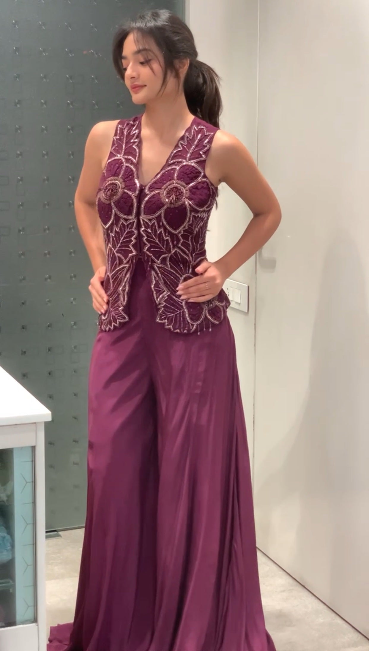 Purple Satin Silk Applique Top & Pants Indo Western Set