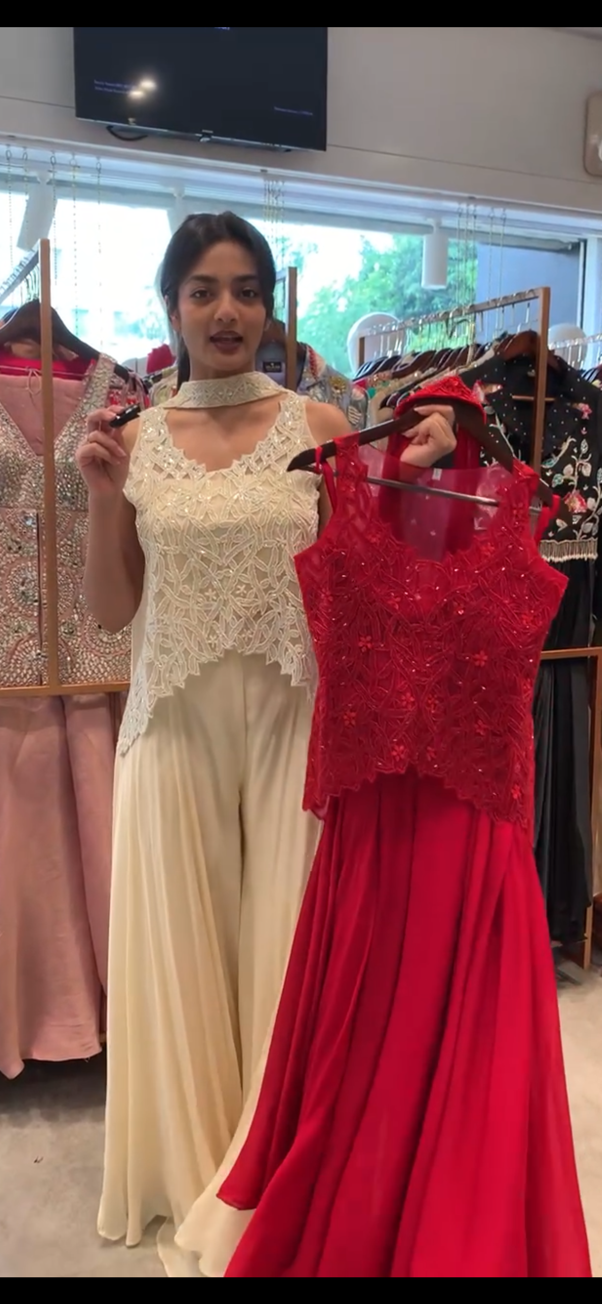 White & Red Net Cut Work Top & Georgette Pants Indo Western Set