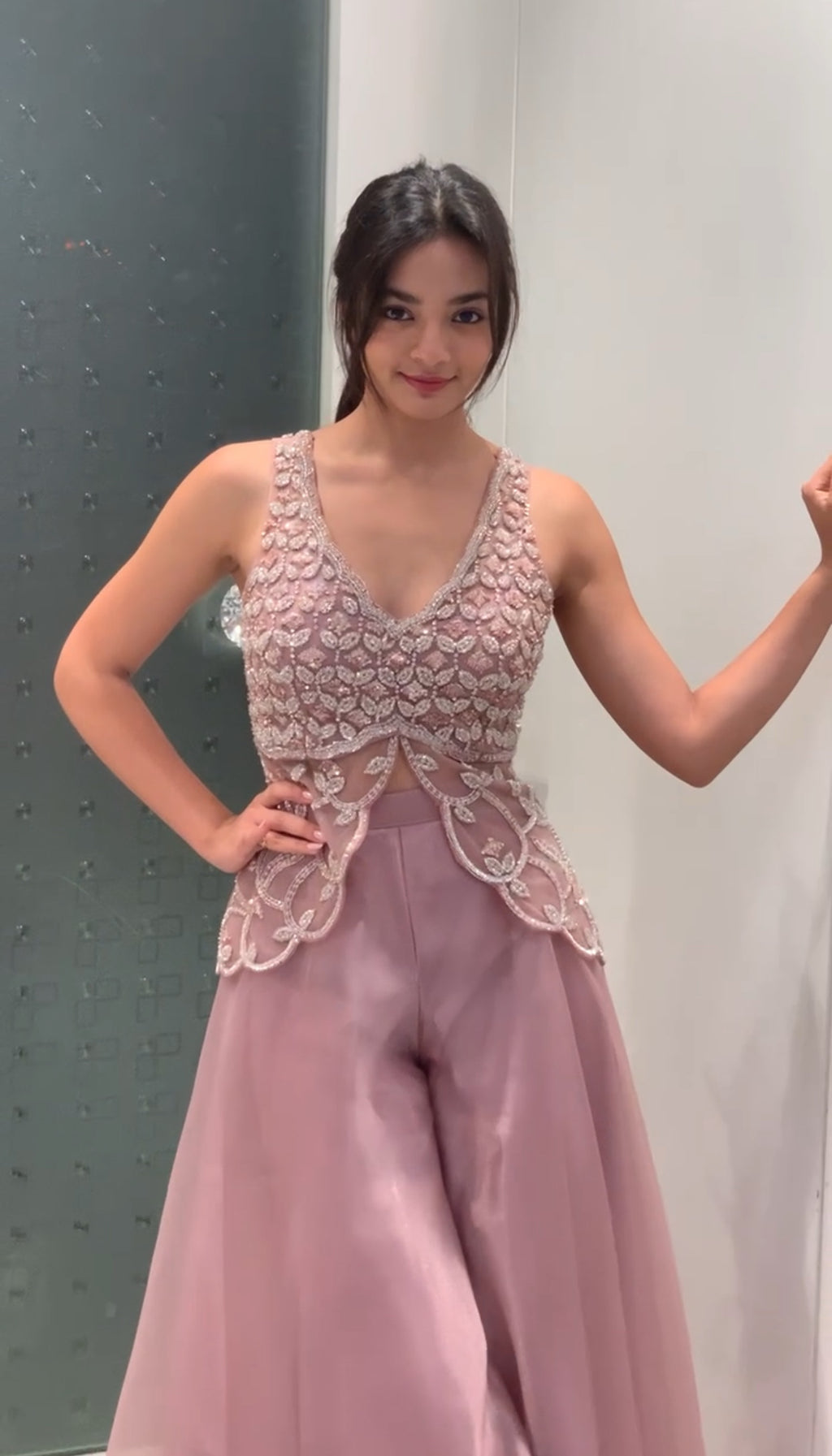 Pink Soft Organza Butterfly Top & Flared Palazzo Indo Western Set