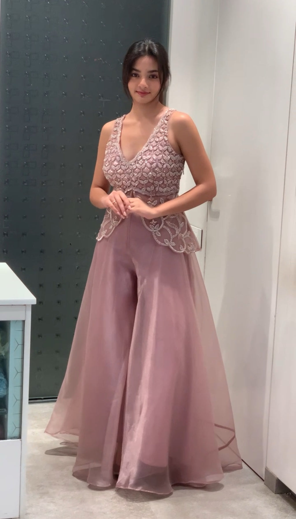 Pink Soft Organza Butterfly Top & Flared Palazzo Indo Western Set