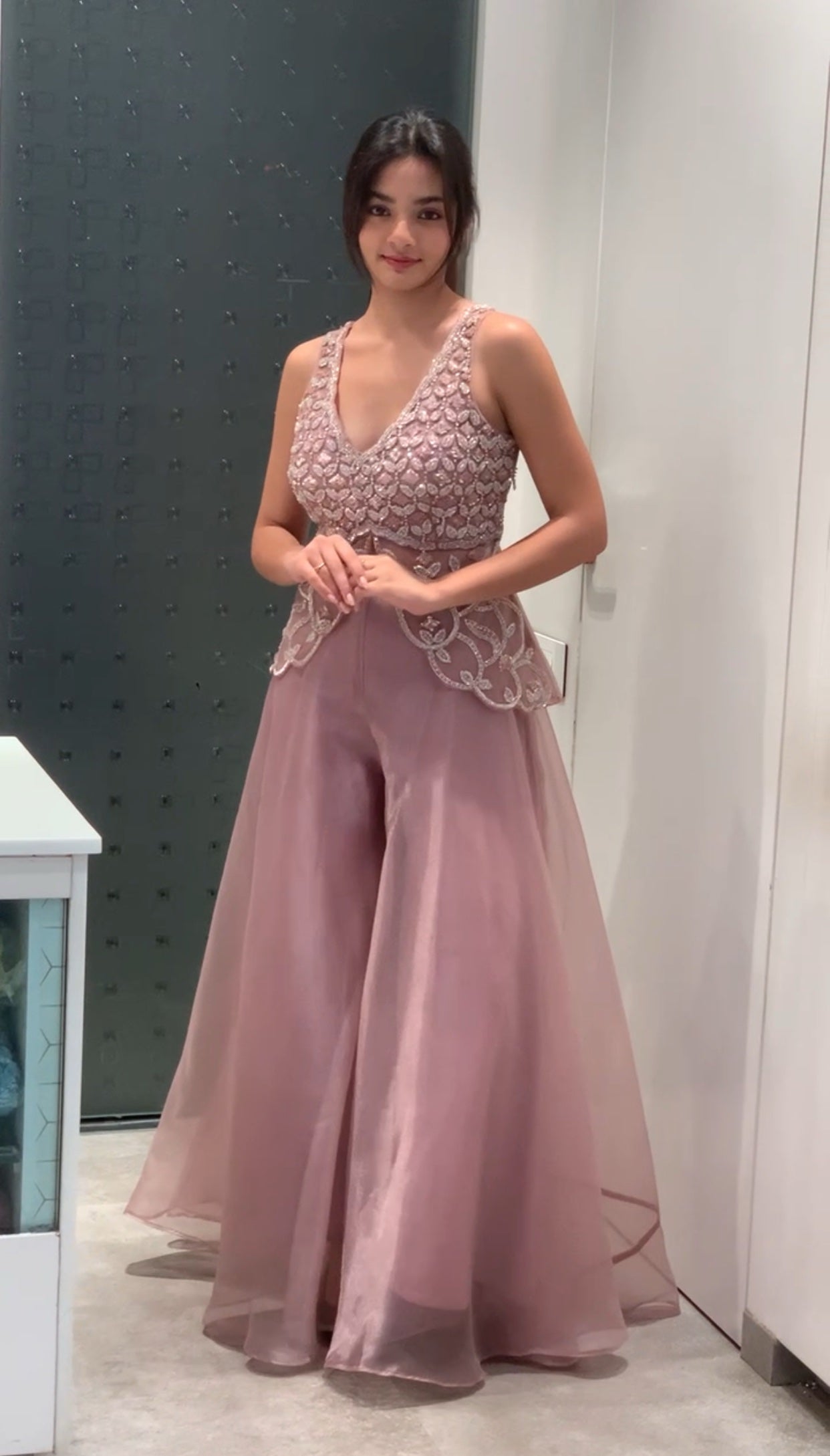 Pink Soft Organza Butterfly Top & Flared Palazzo Indo Western Set