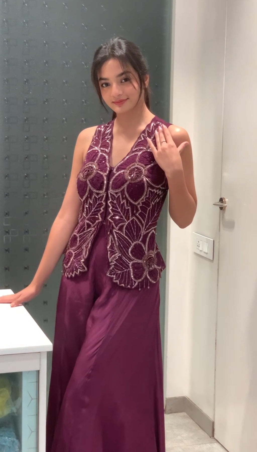 Purple Satin Silk Applique Top & Pants Indo Western Set