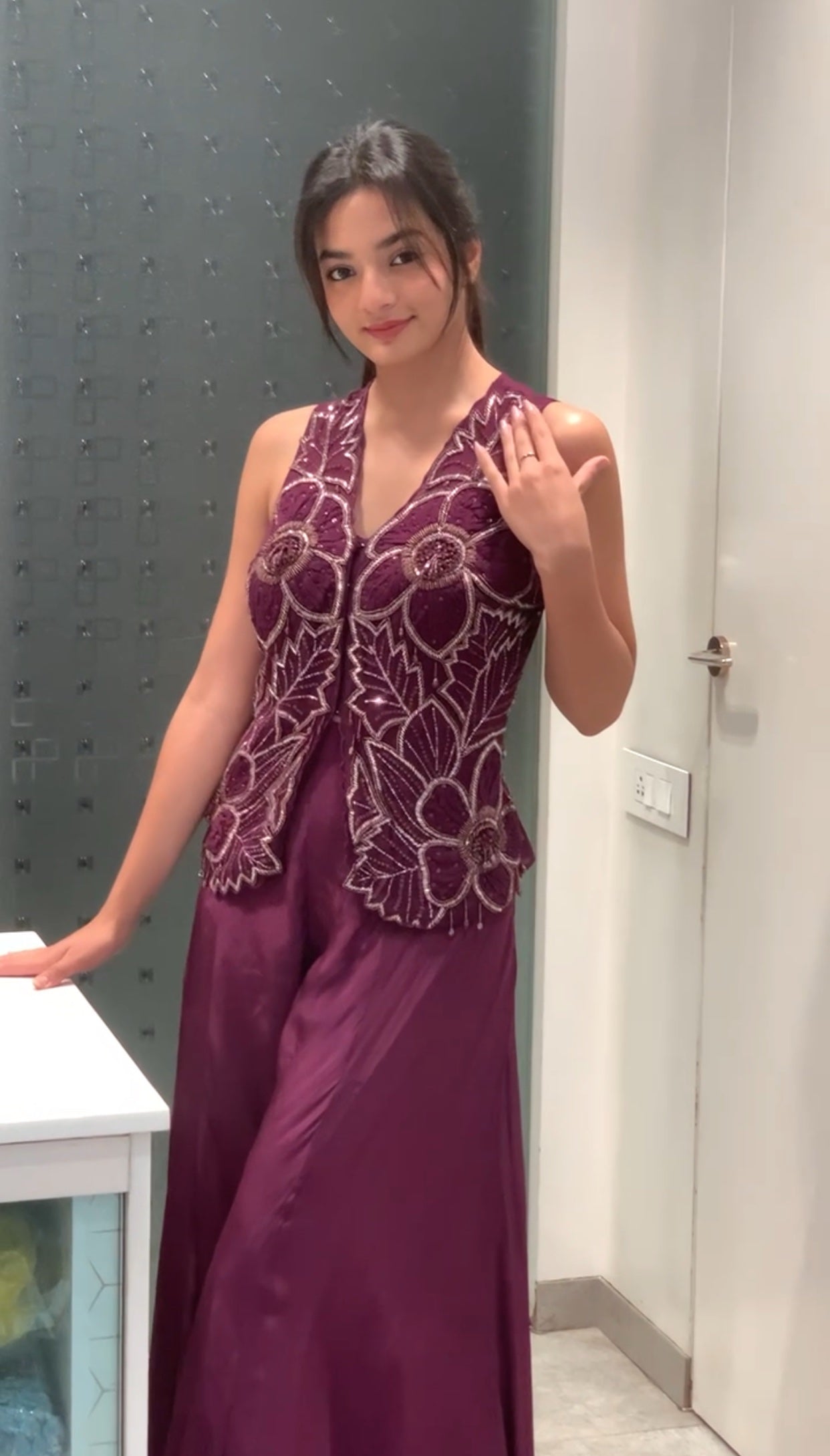 Purple Satin Silk Applique Top & Pants Indo Western Set