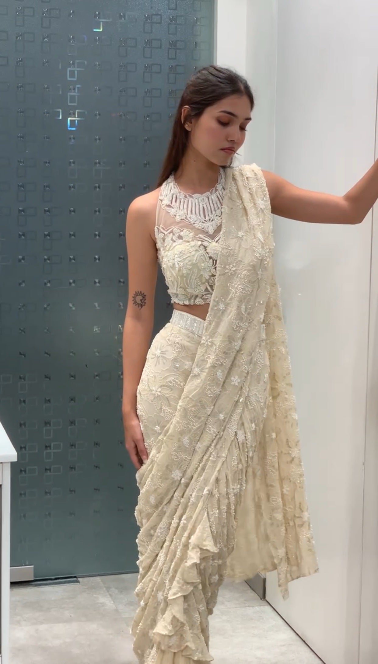 White Lucknowi Moti Work Halter Neck Blouse & Drape Saree