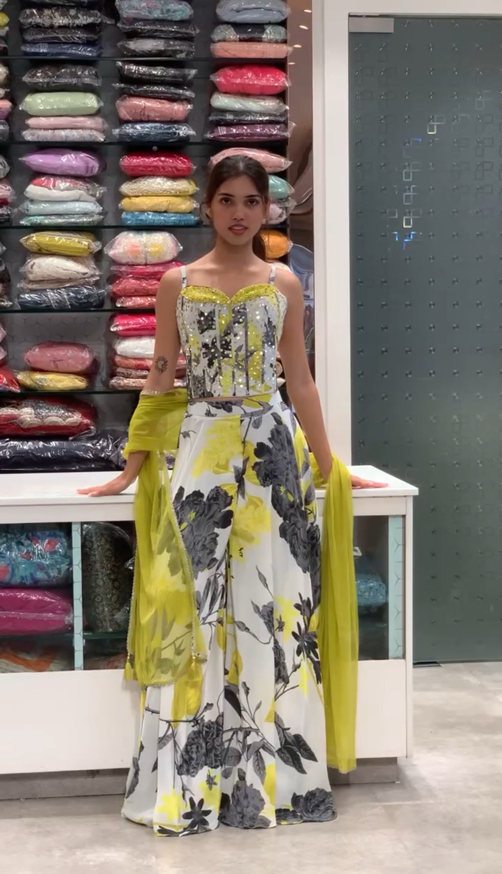 Mahima Mahajan Inspired Yellow & Red Crepe Embellished Corset Blouse & Pants Indo Western Set