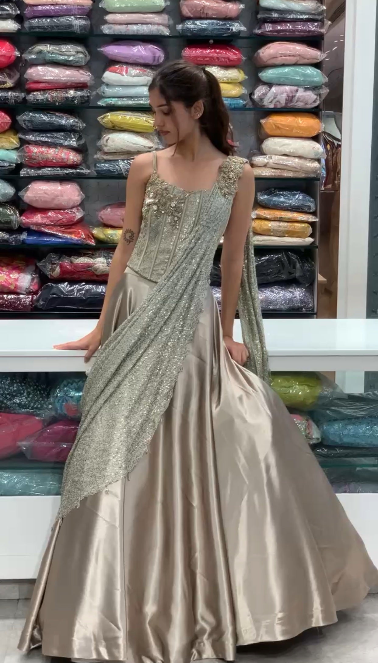 Rose Gold Tissue Corset Top & Drape Lehenga