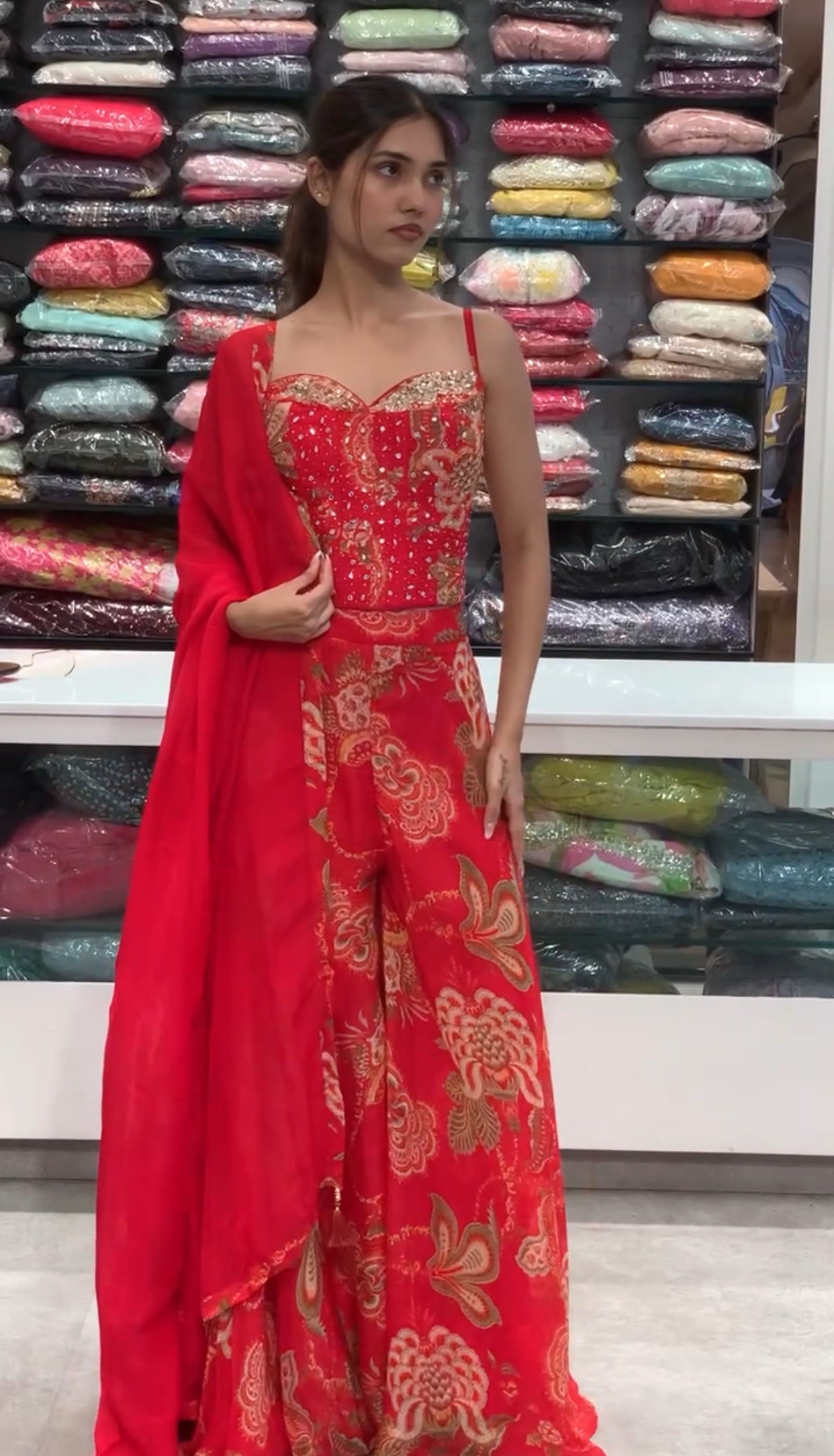 Mahima Mahajan Inspired Yellow & Red Crepe Embellished Corset Blouse & Pants Indo Western Set