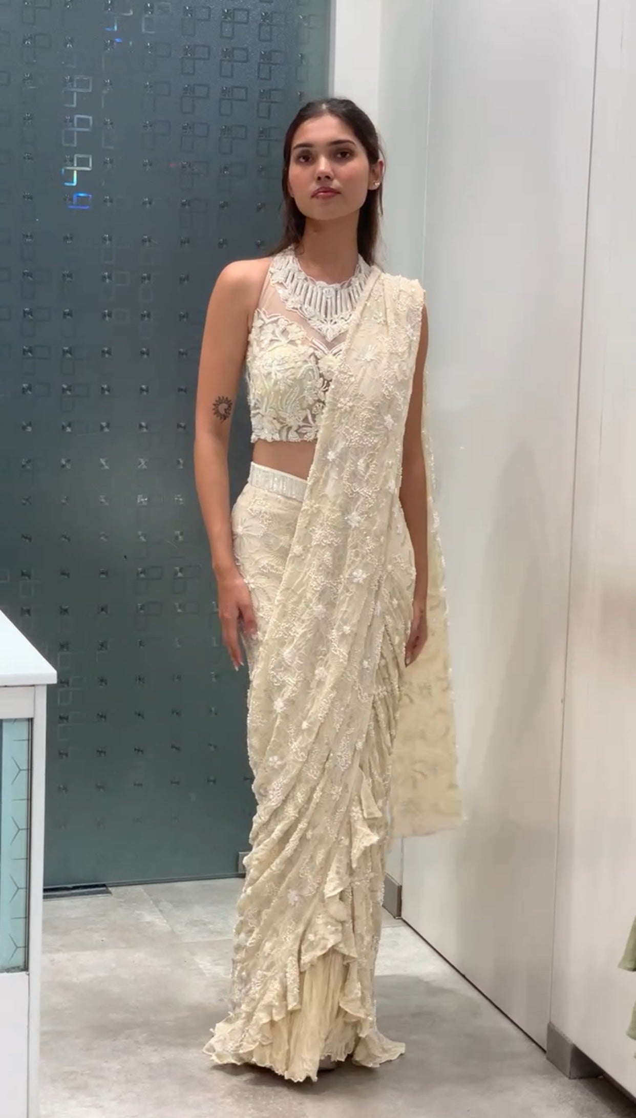 White Lucknowi Moti Work Halter Neck Blouse & Drape Saree