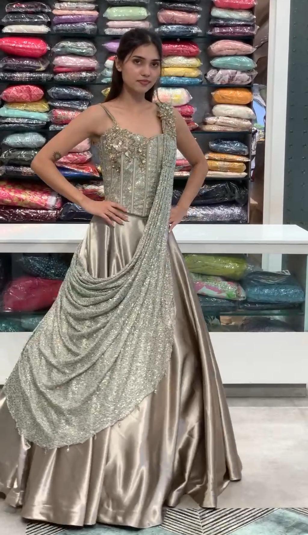 Rose Gold Tissue Corset Top & Drape Lehenga