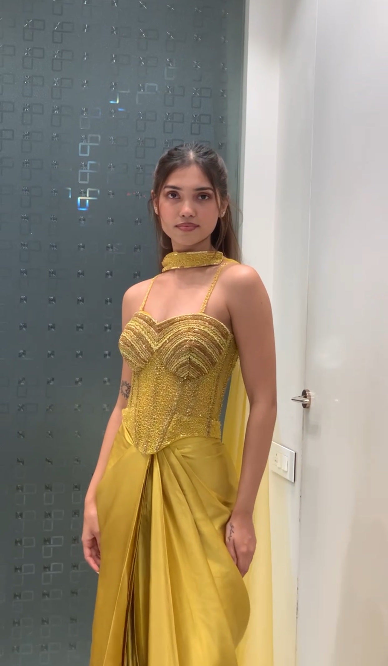 Yellow Satin Handwork Corset Top & Drape Skirt Indo Western Set