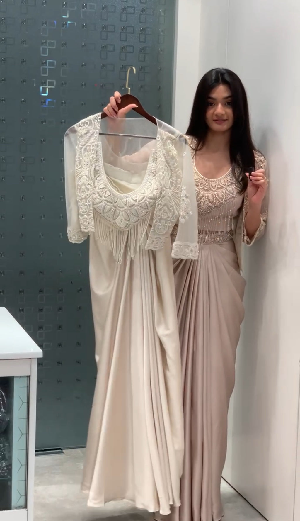 Pearl White & Beige Satin Jacket, Crop Top & Drape Skirt Indo Western Set