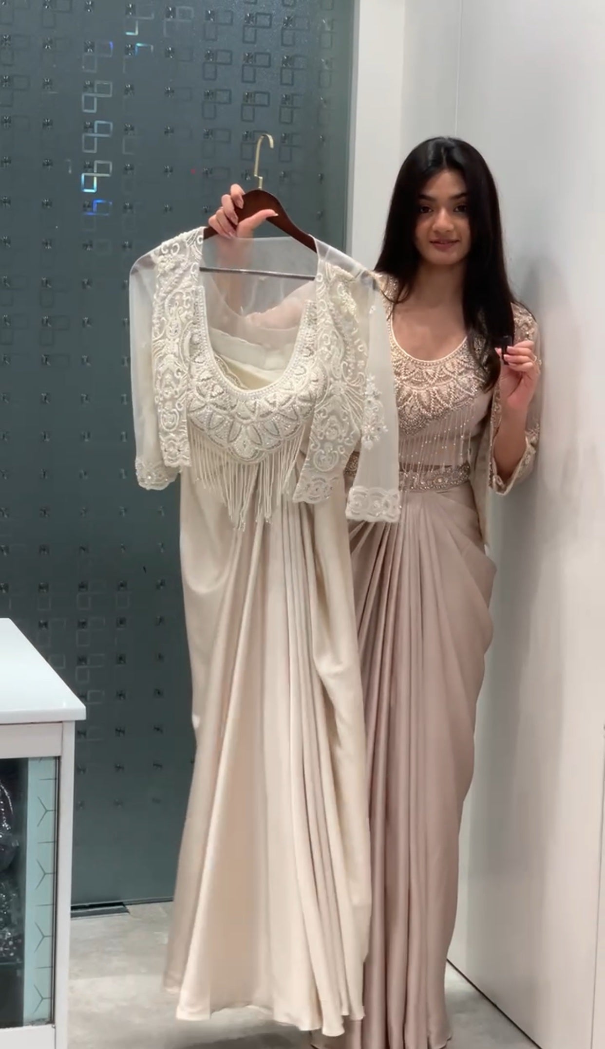 Pearl White & Beige Satin Jacket, Crop Top & Drape Skirt Indo Western Set