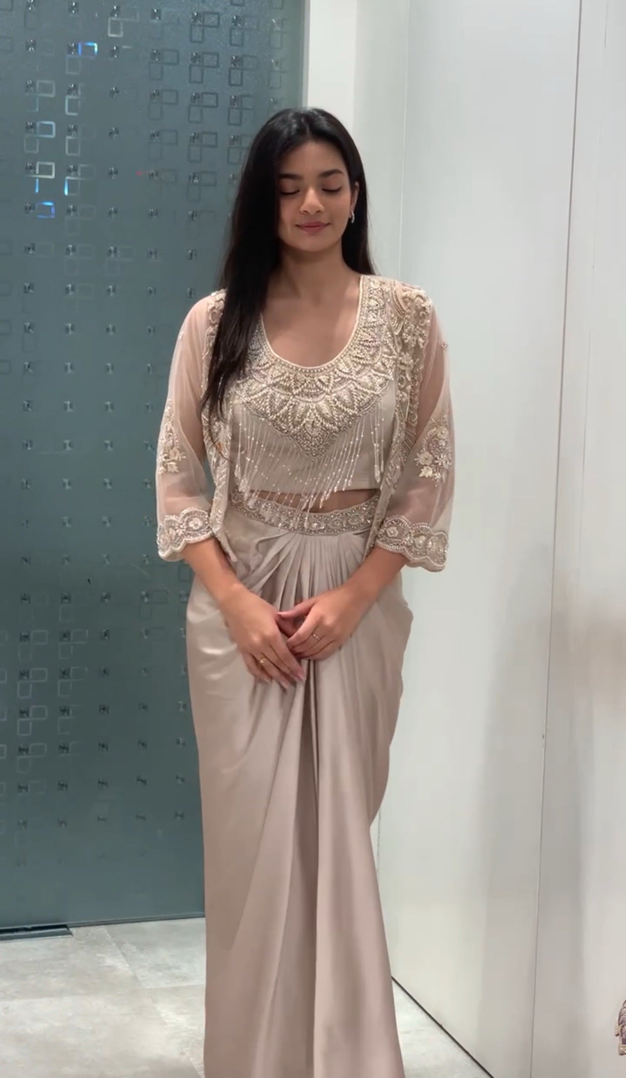 Pearl White & Beige Satin Jacket, Crop Top & Drape Skirt Indo Western Set