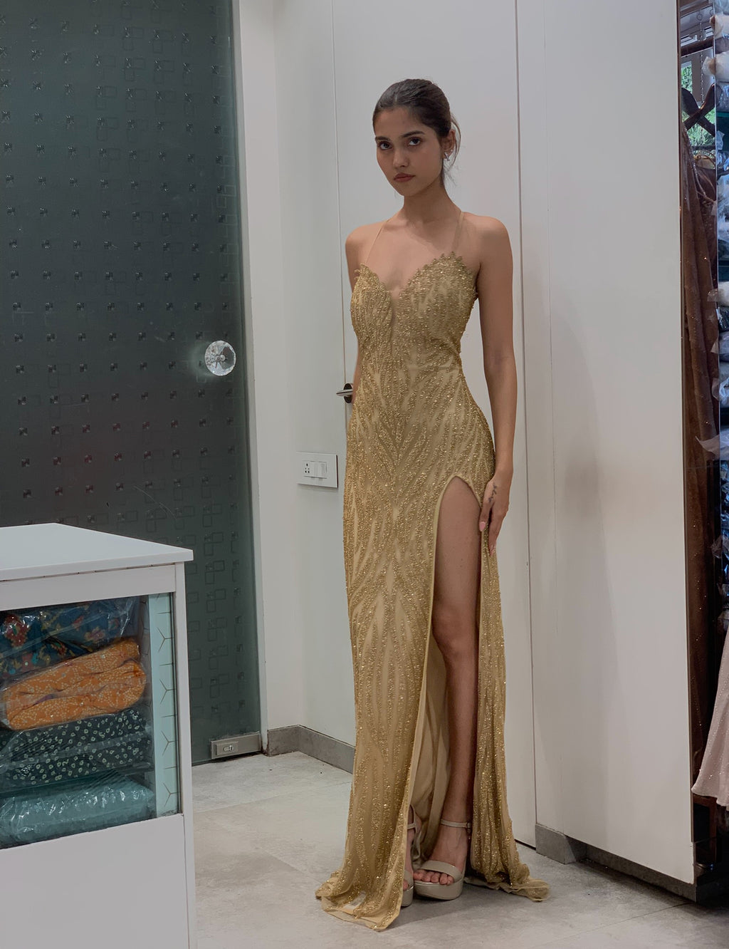 Golden Slit Bodycon Party Gown