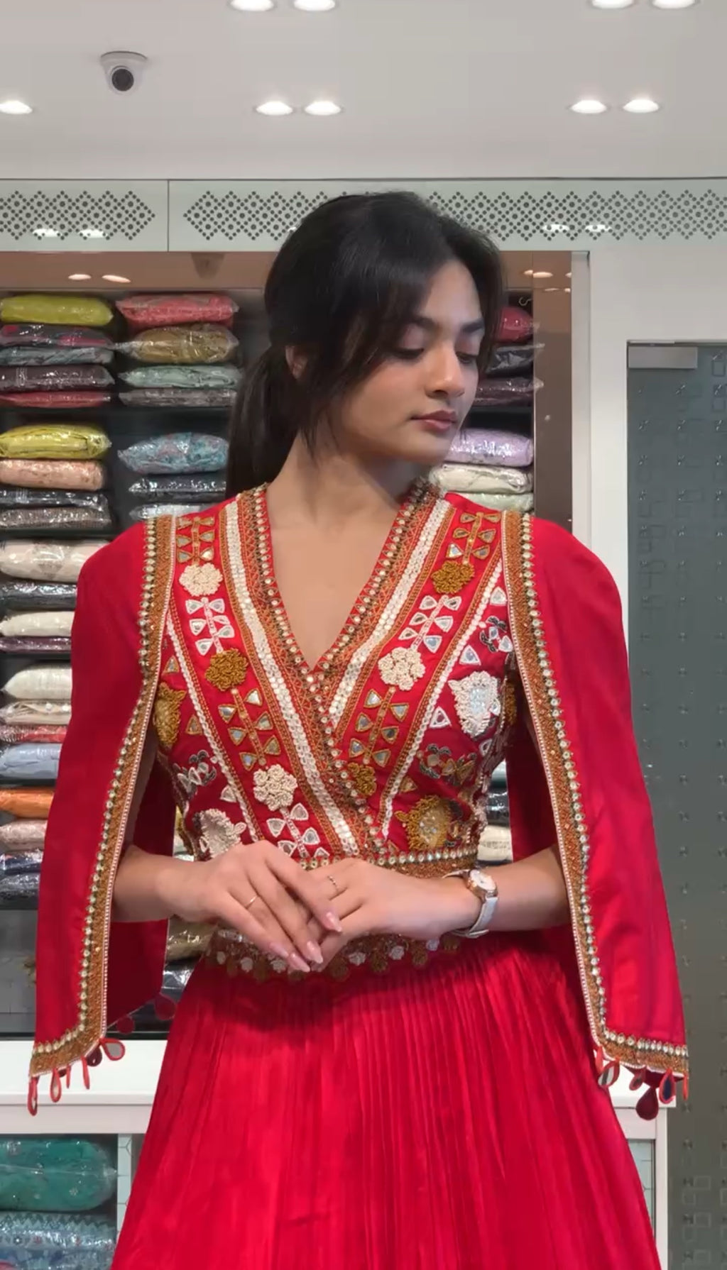 Red Raw Silk Full Work French Coat Attached Blouse & Lehenga