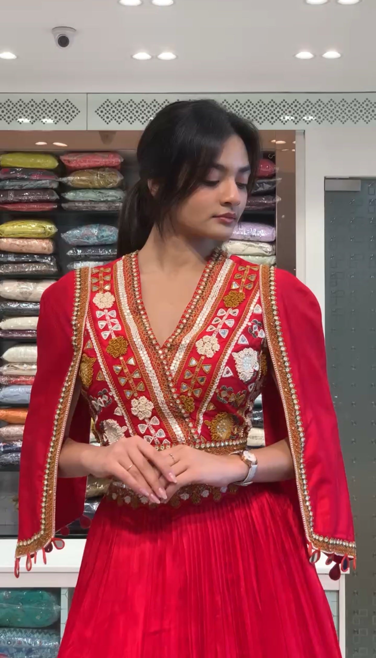Red Raw Silk Full Work French Coat Attached Blouse & Lehenga