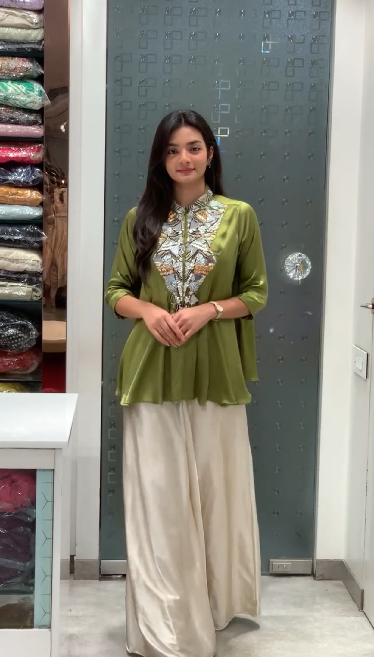 Green Satin Neckline Embellished Short Top & Flared Pants Co-ord Set