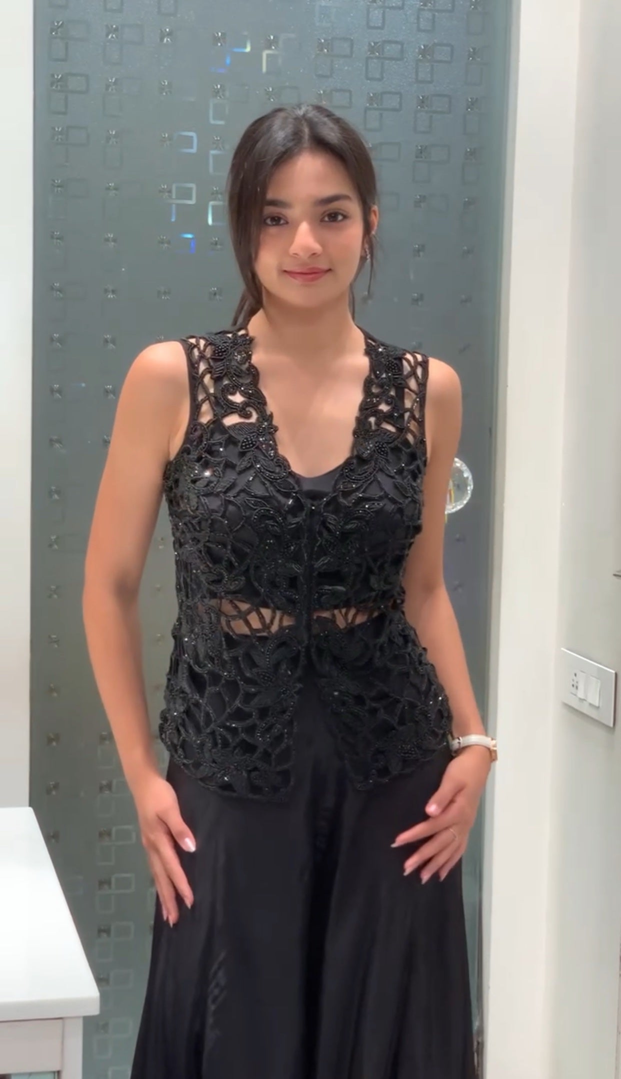 Black Cut Work Indo Western Crop Top, Vest & Wide Flared Palazzo Pants