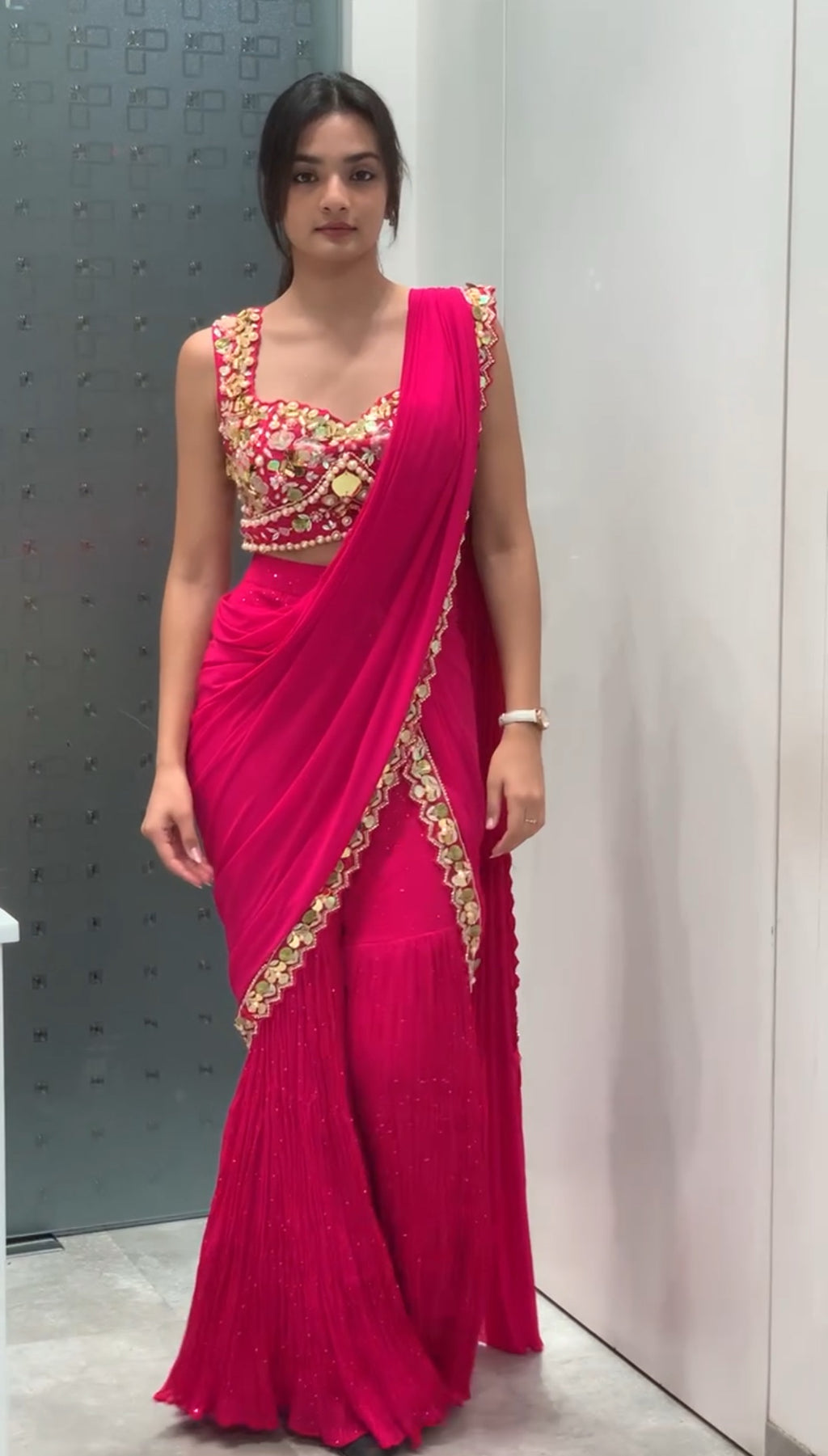 Pink & Lemon Yellow Georgette Sharara Drape Saree