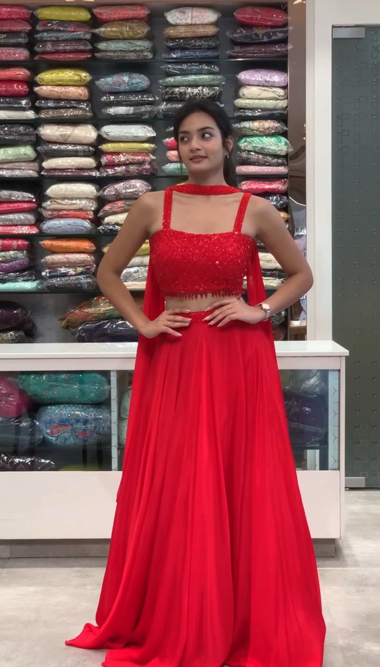 Red Georgette Complete Bead Work Crop Top & Lehenga