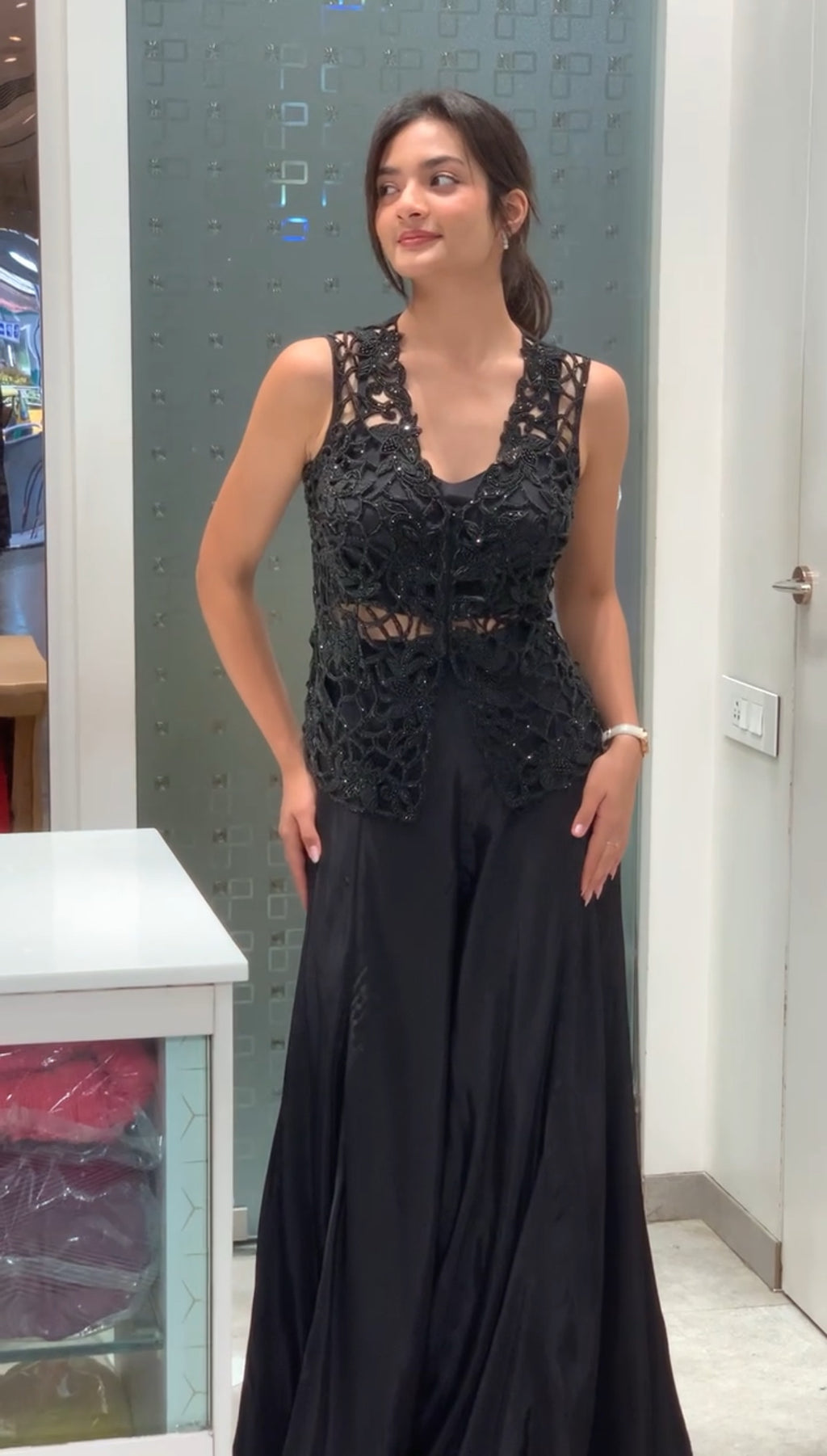 Black Cut Work Indo Western Crop Top, Vest & Wide Flared Palazzo Pants
