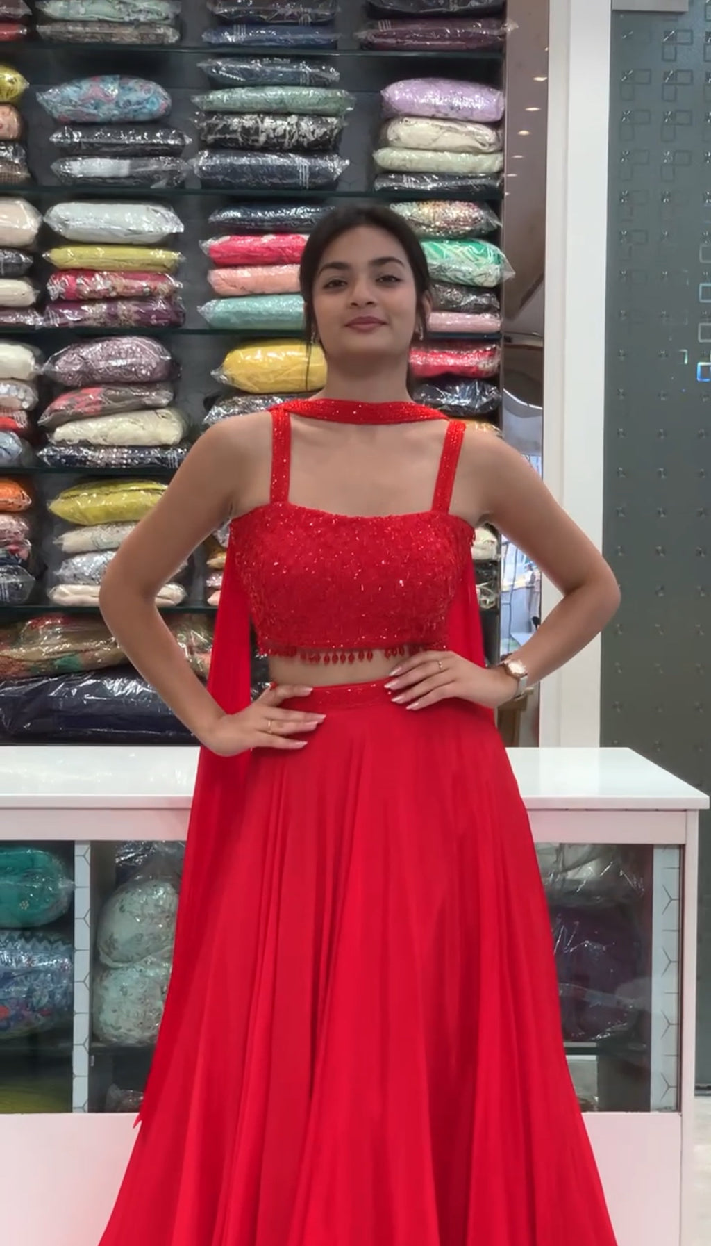 Red Georgette Complete Bead Work Crop Top & Lehenga