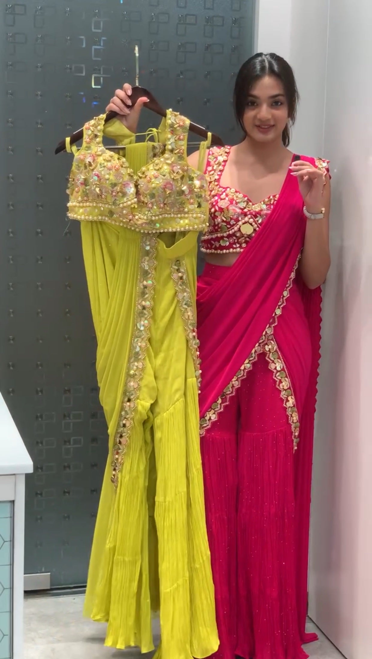 Pink & Lemon Yellow Georgette Sharara Drape Saree