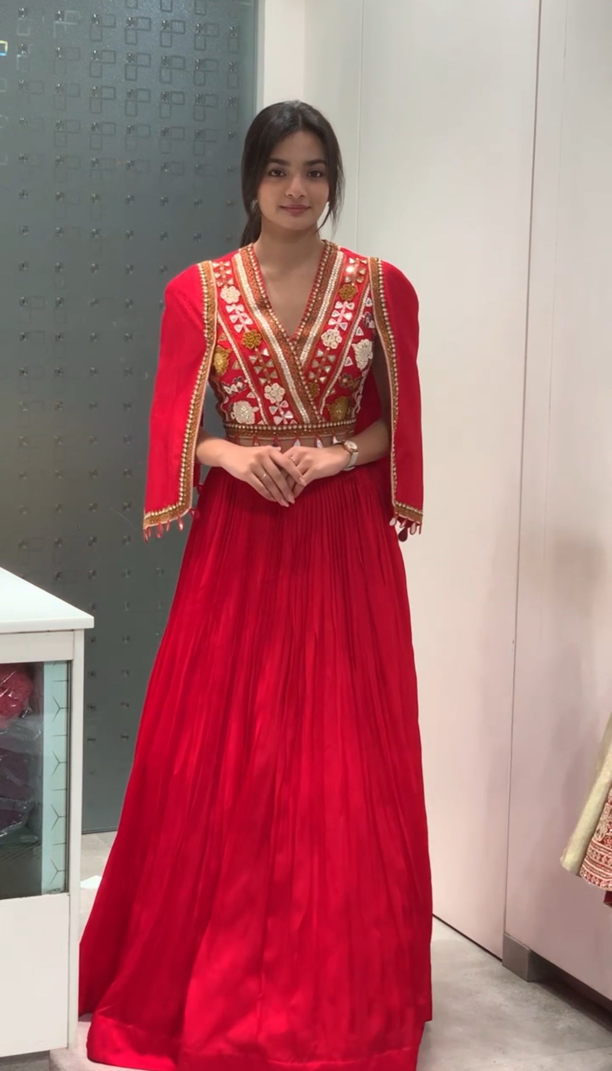Red Raw Silk Full Work French Coat Attached Blouse & Lehenga