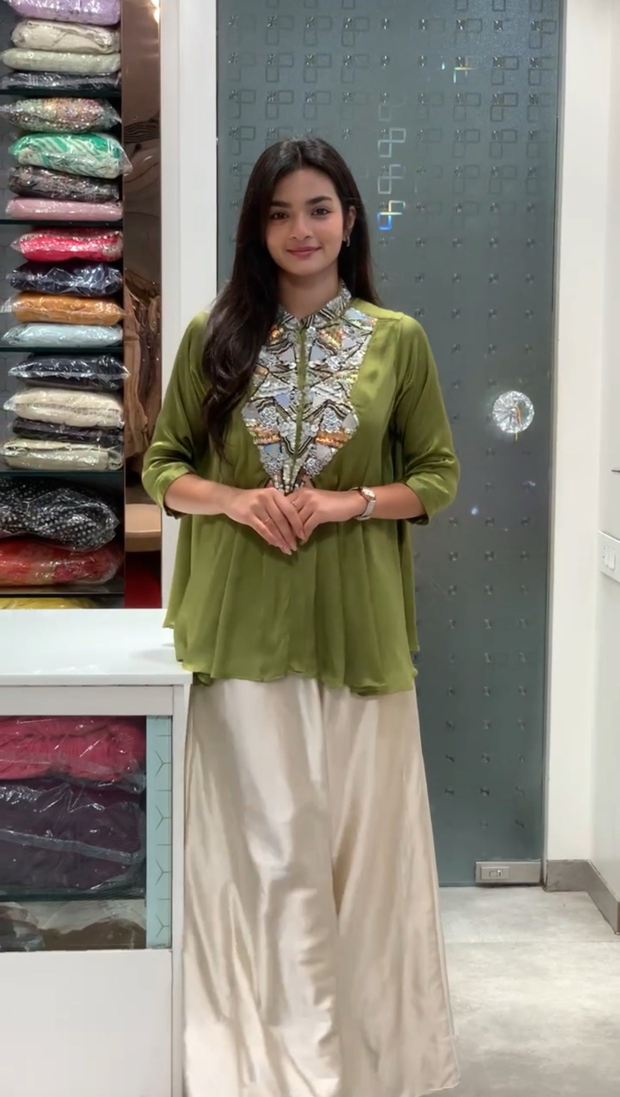 Green Satin Neckline Embellished Short Top & Flared Pants Co-ord Set