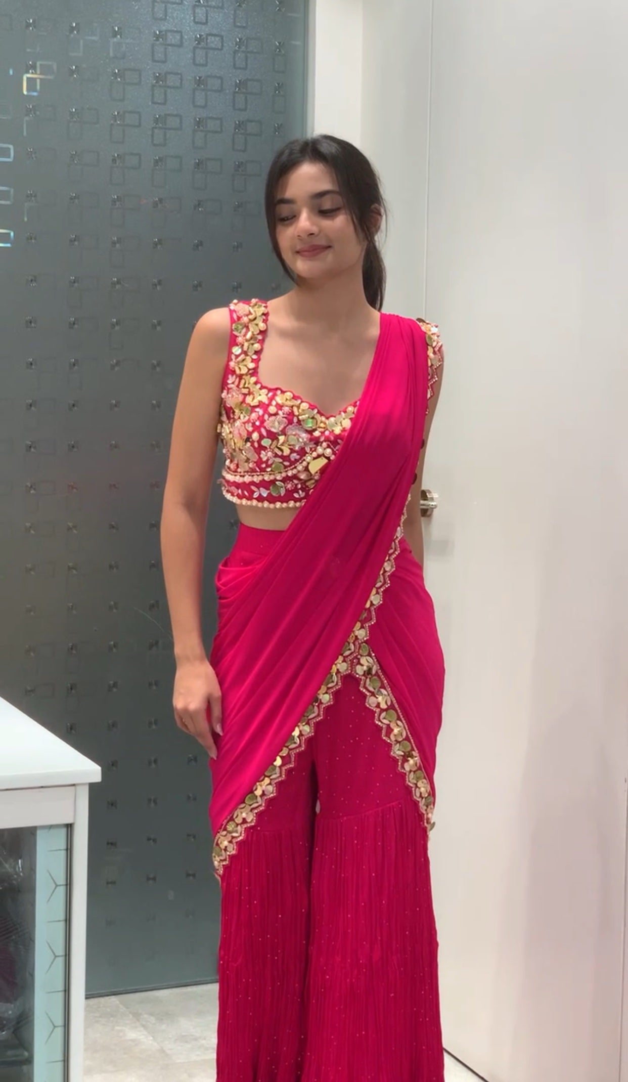 Pink & Lemon Yellow Georgette Sharara Drape Saree