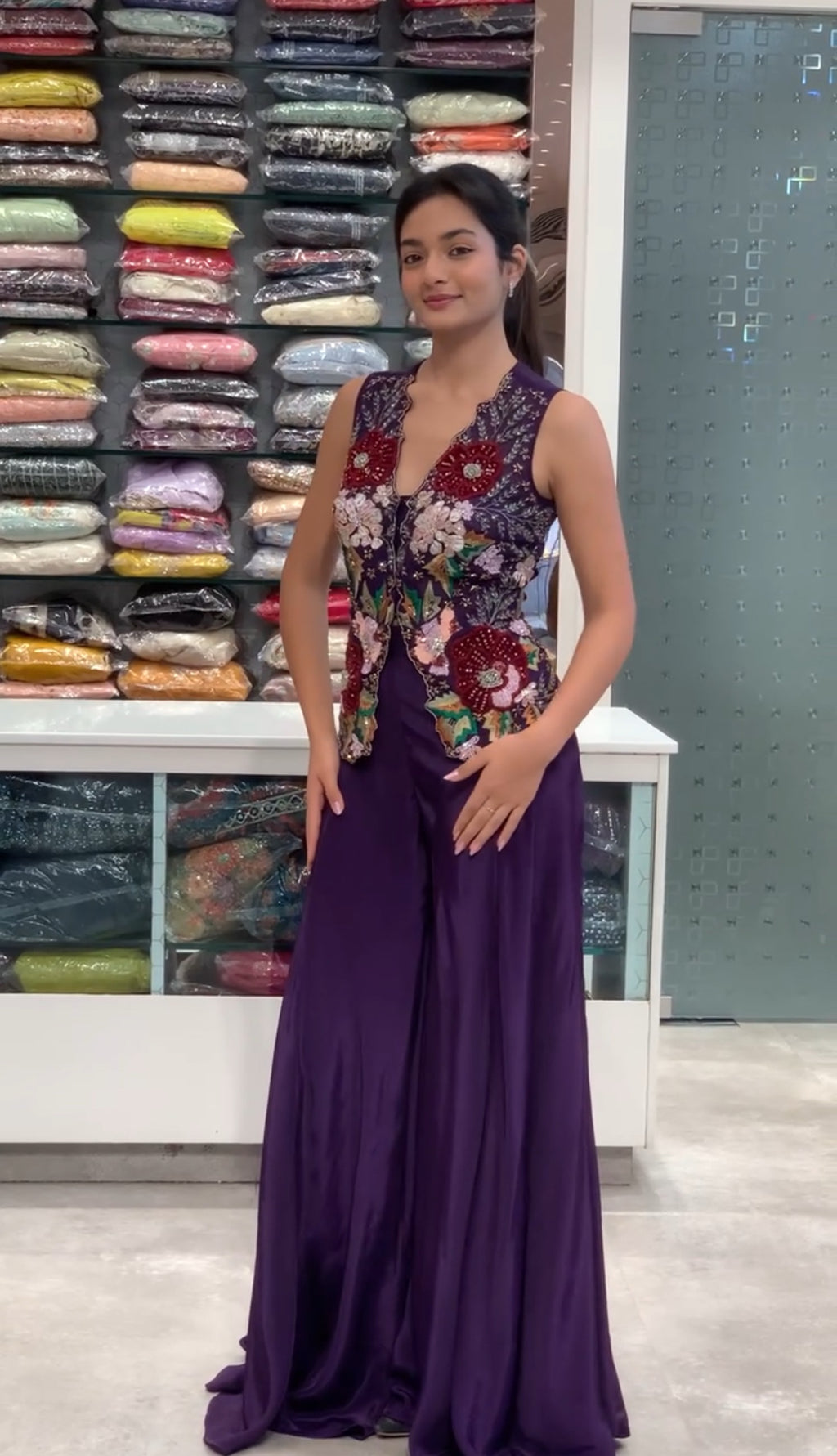 Purple Satin Applique Work Vest Top & Flared Palazzo Pants Indo Western Set