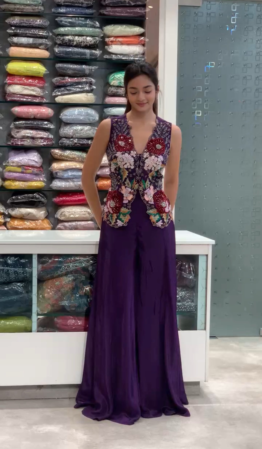 Purple Satin Applique Work Vest Top & Flared Palazzo Pants Indo Western Set