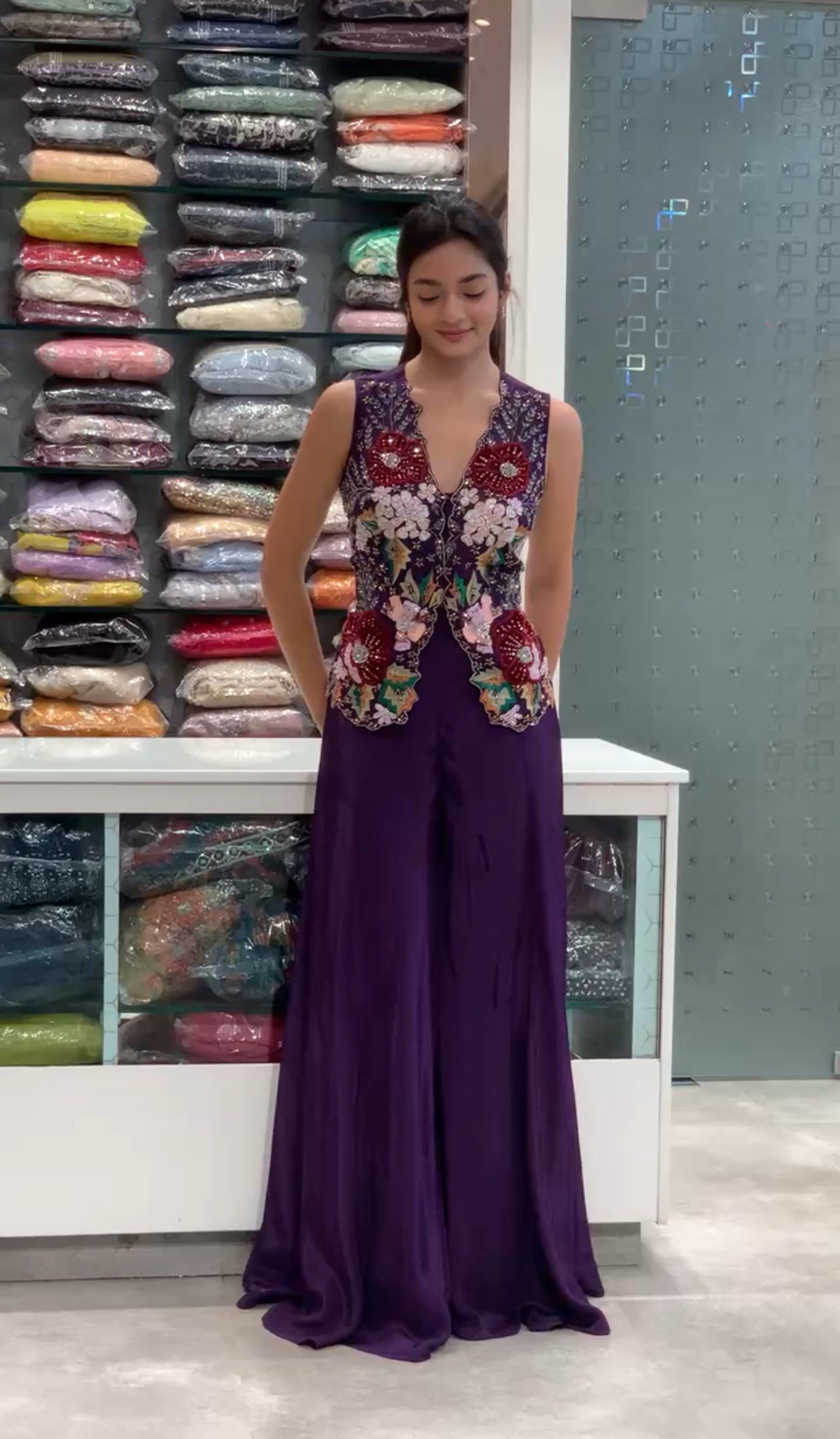Purple Satin Applique Work Vest Top & Flared Palazzo Pants Indo Western Set