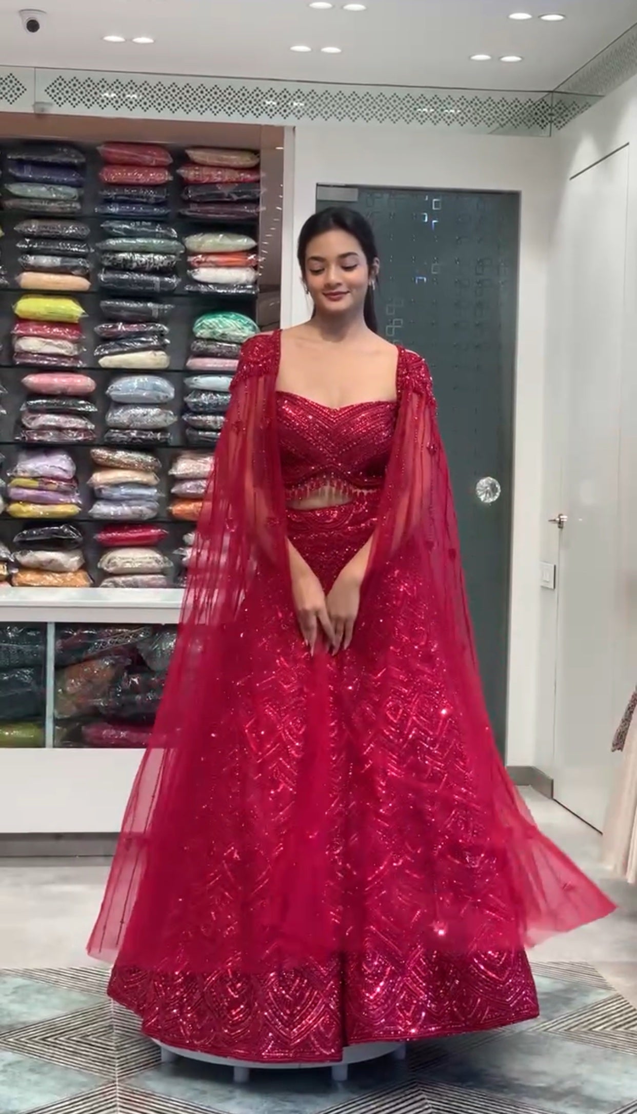 Red Net Complete Work Falling Sleeve Blouse & Lehenga