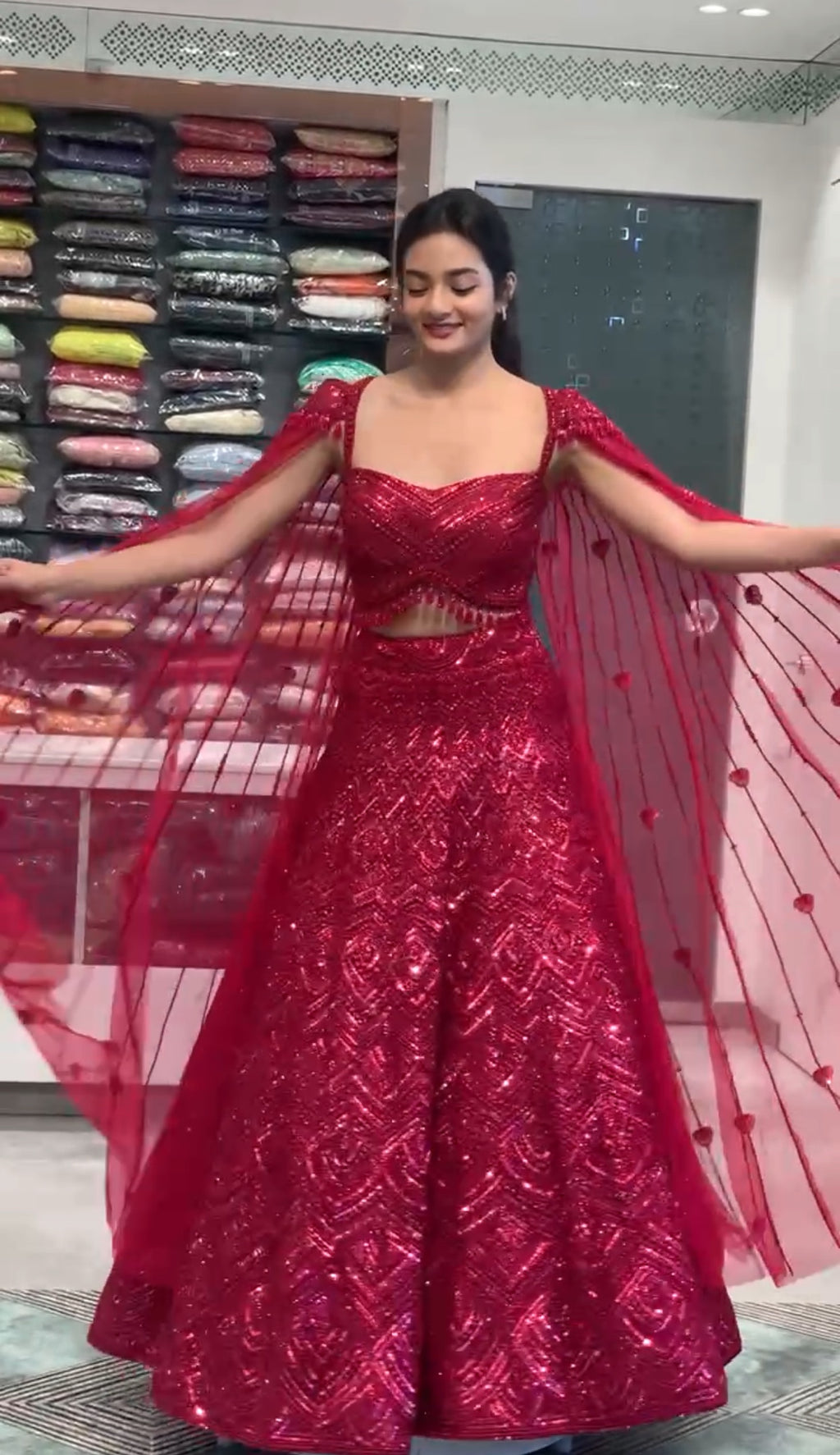 Red Net Complete Work Falling Sleeve Blouse & Lehenga