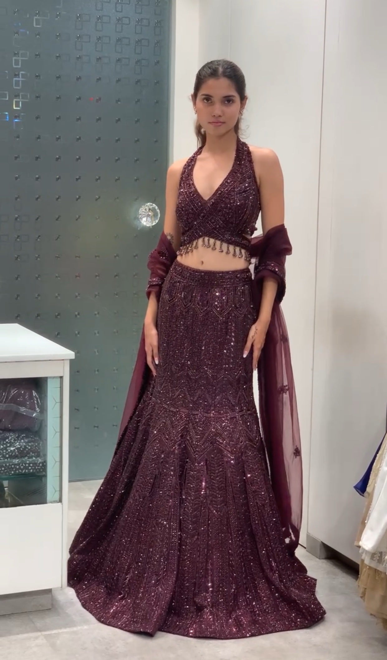 Maroon Net Complete Handwork Halter Neck Fish Cut Heavy Lehenga