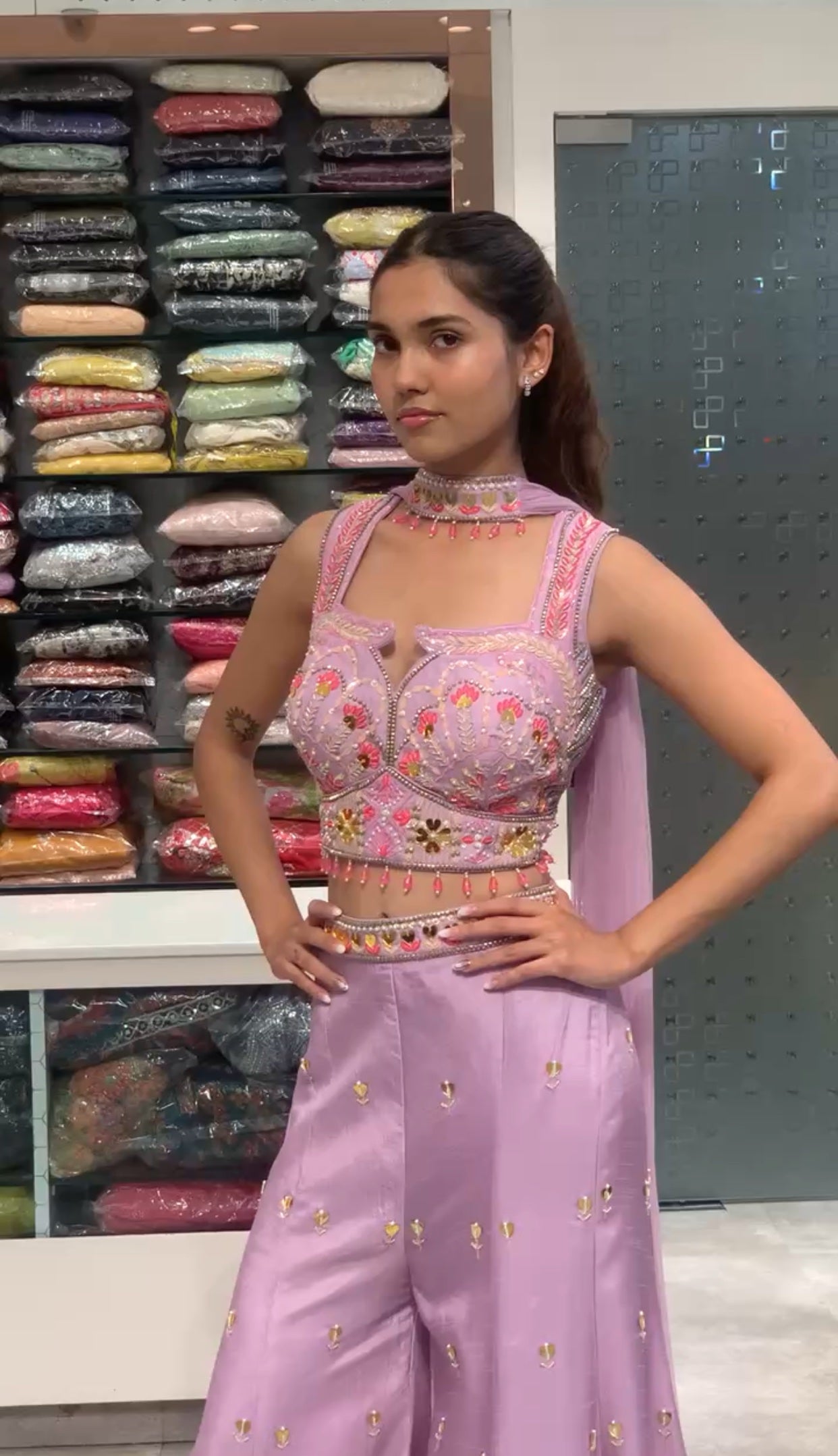 Purple Raw Silk Crop Top & Pants Indo Western Set