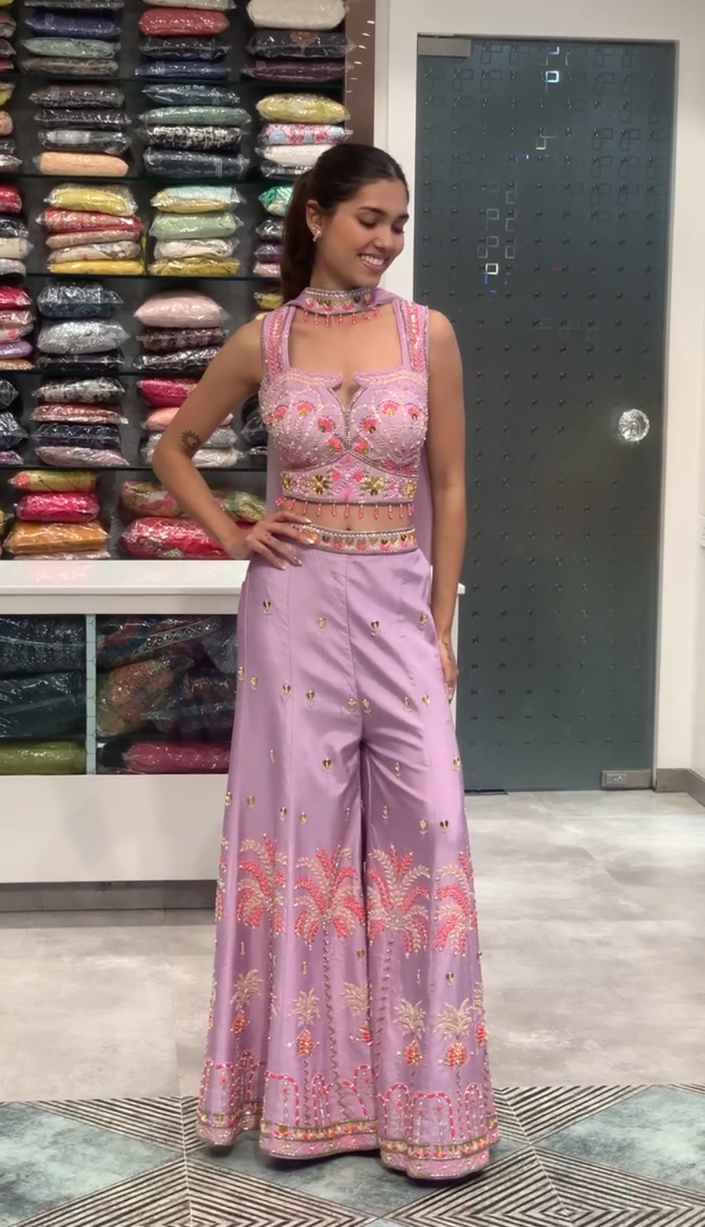 Purple Raw Silk Crop Top & Pants Indo Western Set