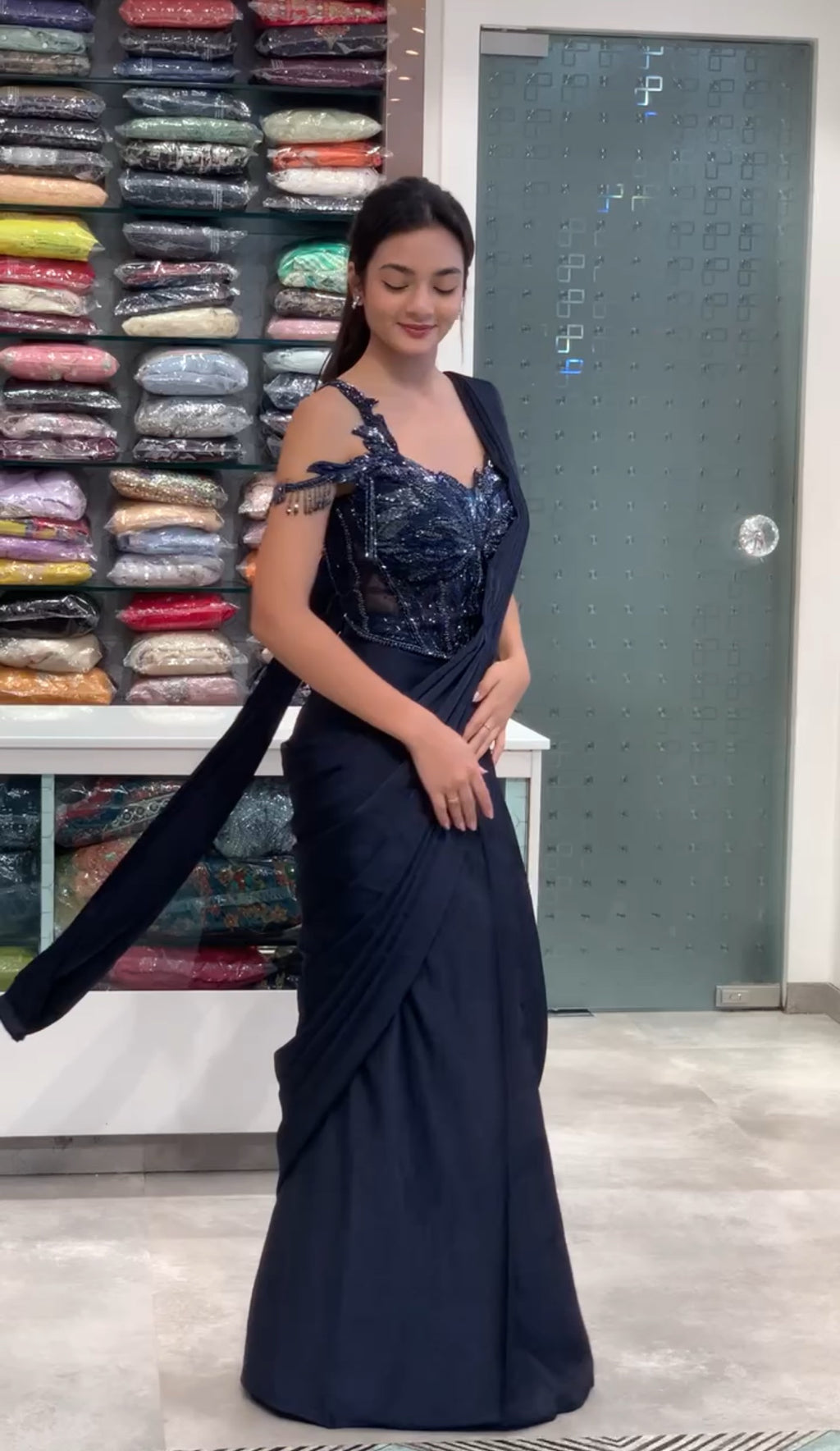 Navy Blue Satin Complete Work One Shoulder Falling Patch Corset Blouse & Drape Saree