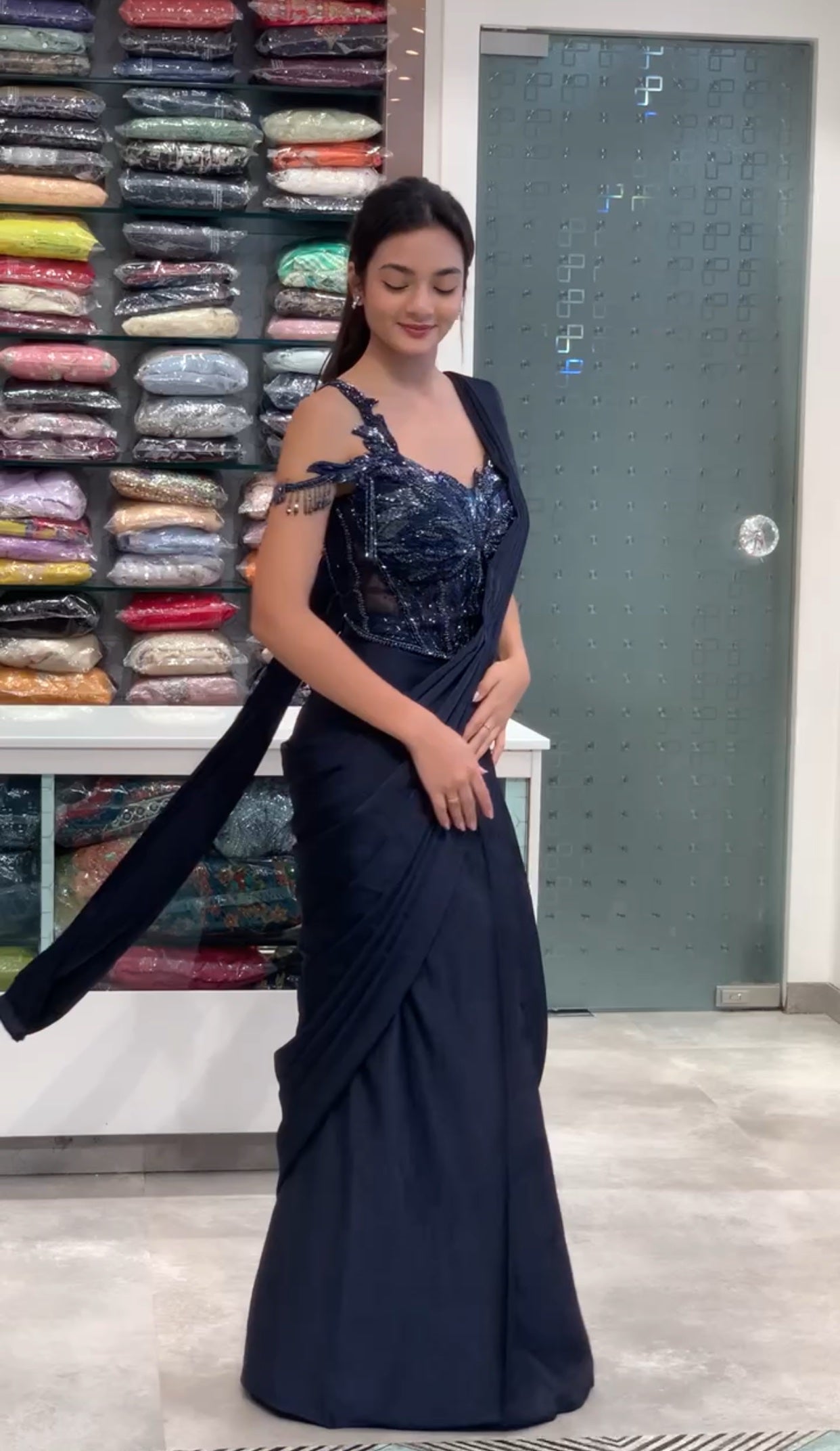 Navy Blue Satin Complete Work One Shoulder Falling Patch Corset Blouse & Drape Saree