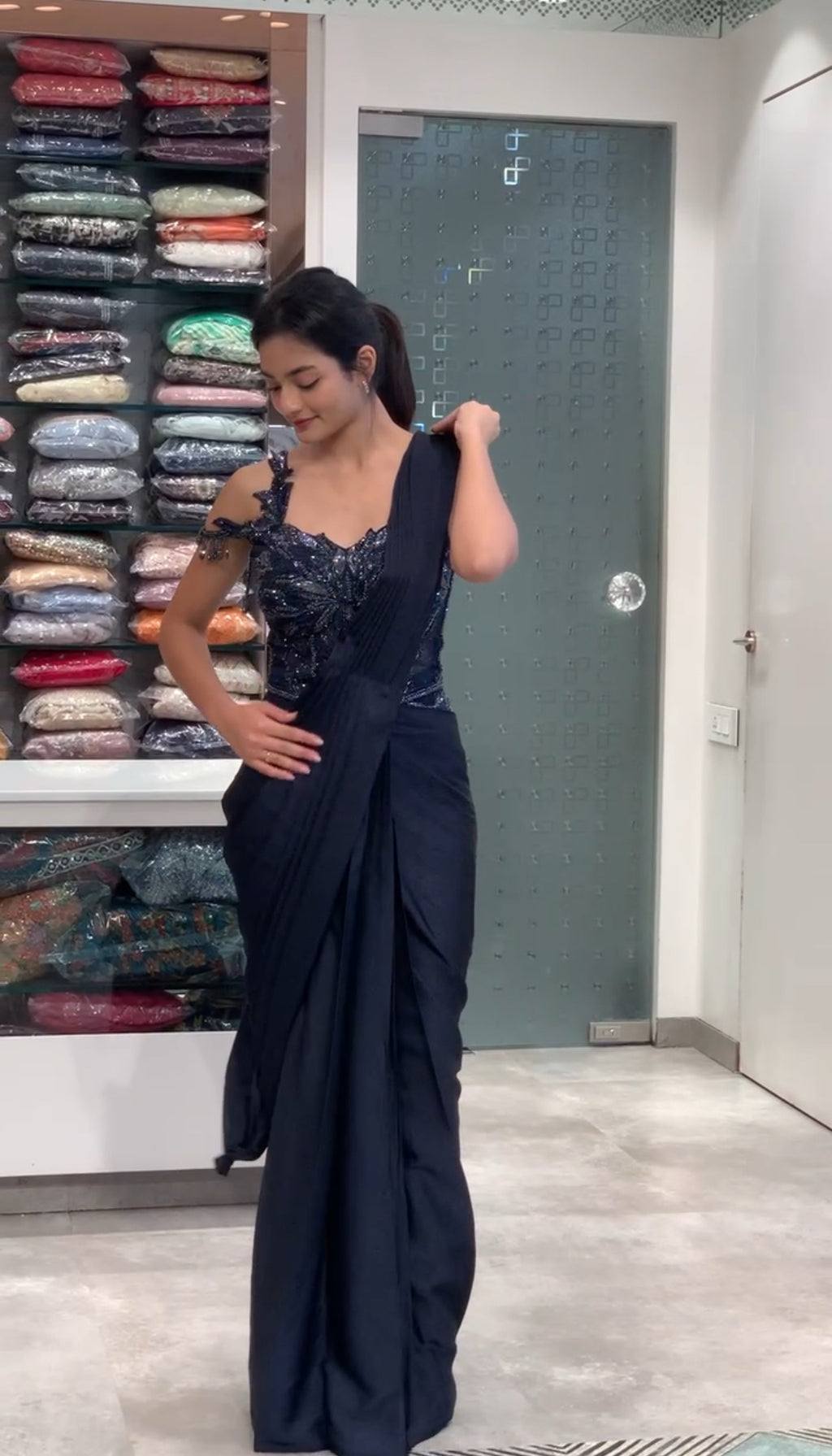 Navy Blue Satin Complete Work One Shoulder Falling Patch Corset Blouse & Drape Saree