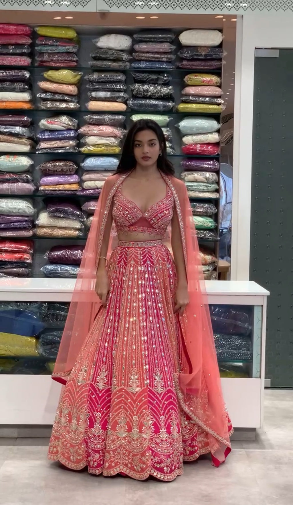 Pink Georgette Full Work Blouse & Lehenga