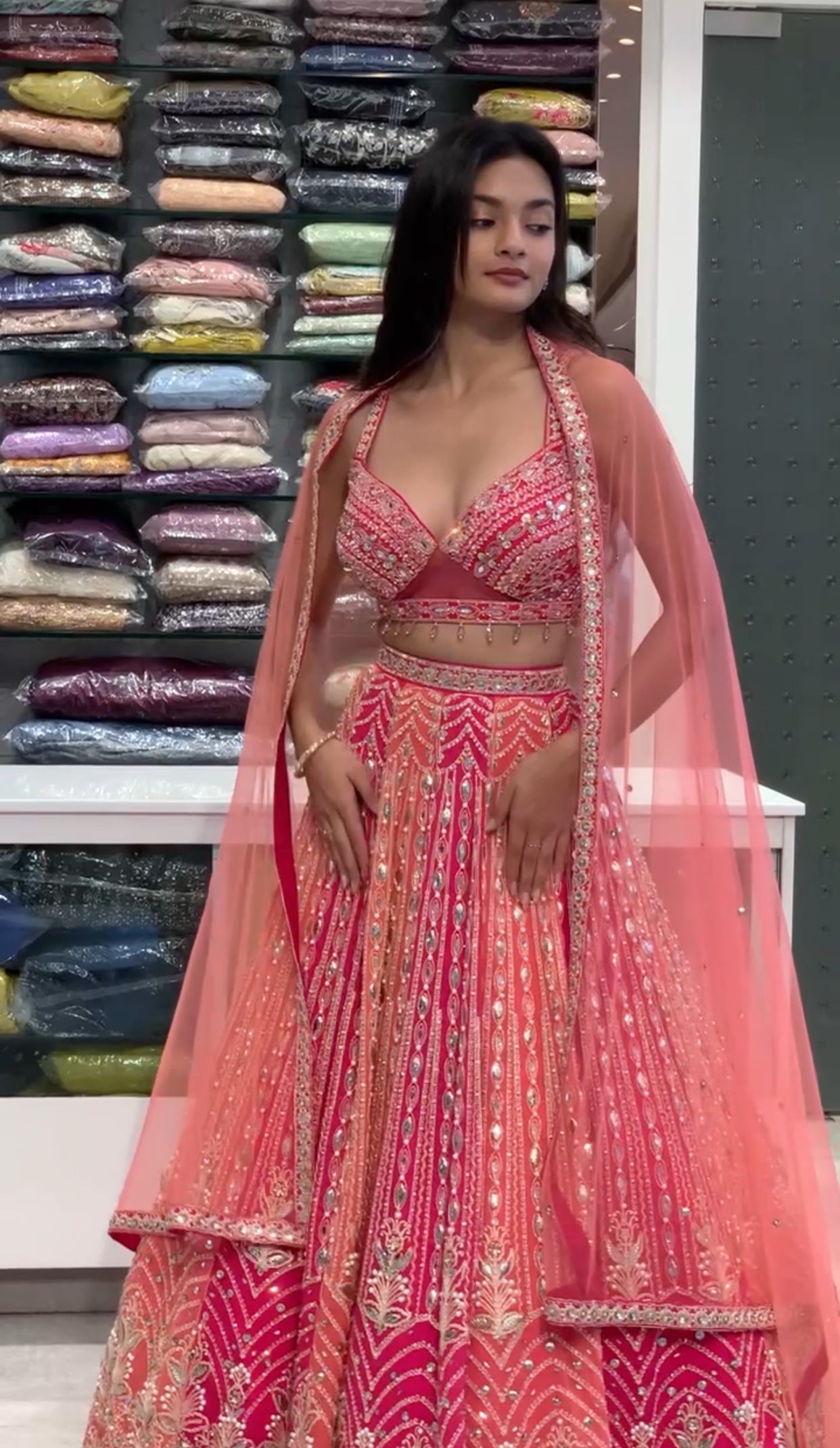 Pink Georgette Full Work Blouse & Lehenga