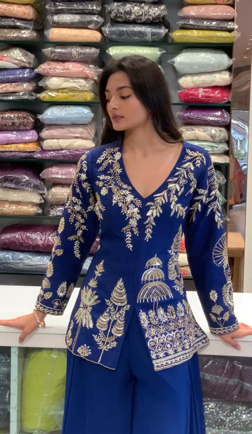 Blue Full Sleeve Indo Western Top & Flared Palazzo Pants