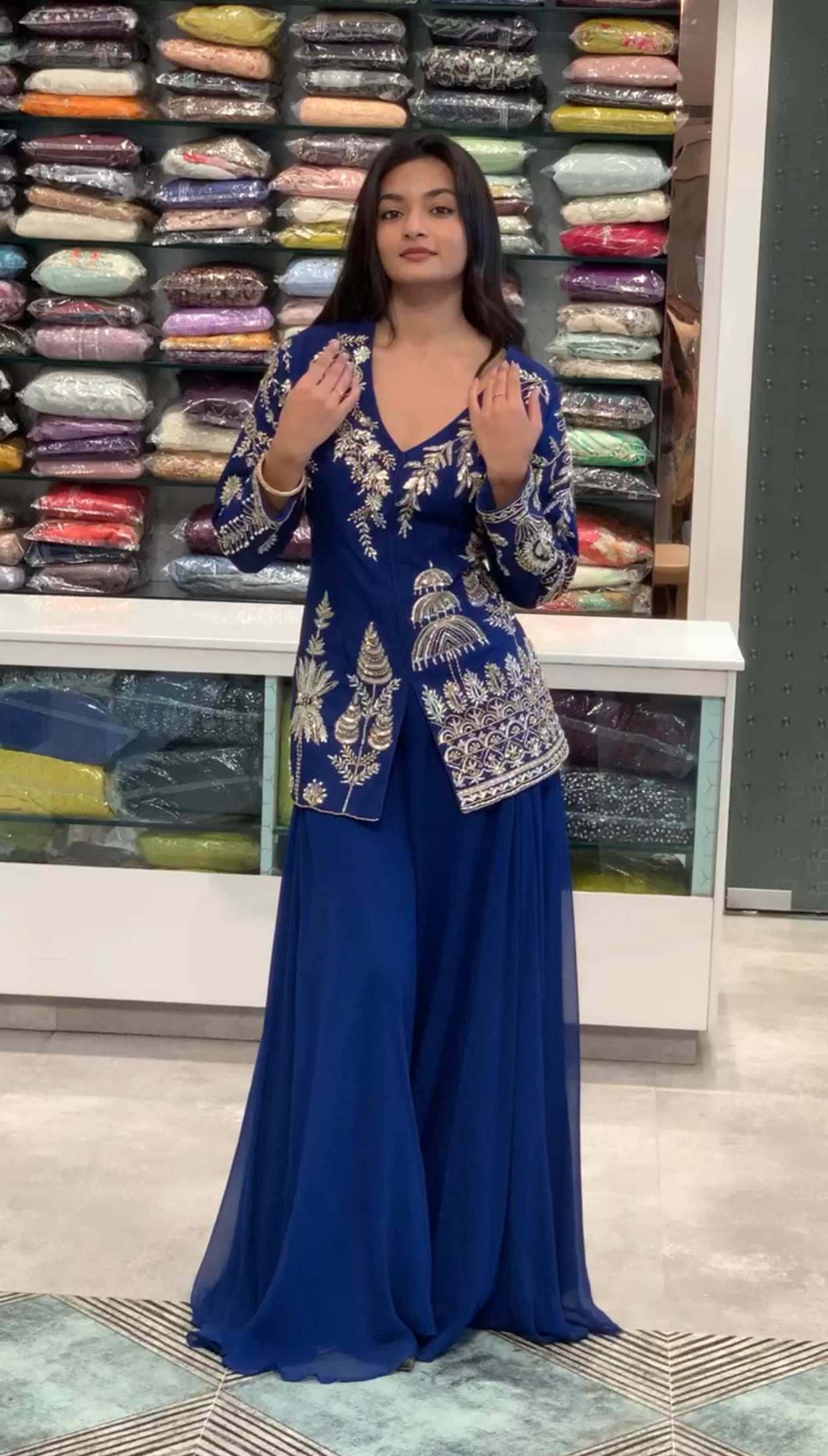 Blue Full Sleeve Indo Western Top & Flared Palazzo Pants