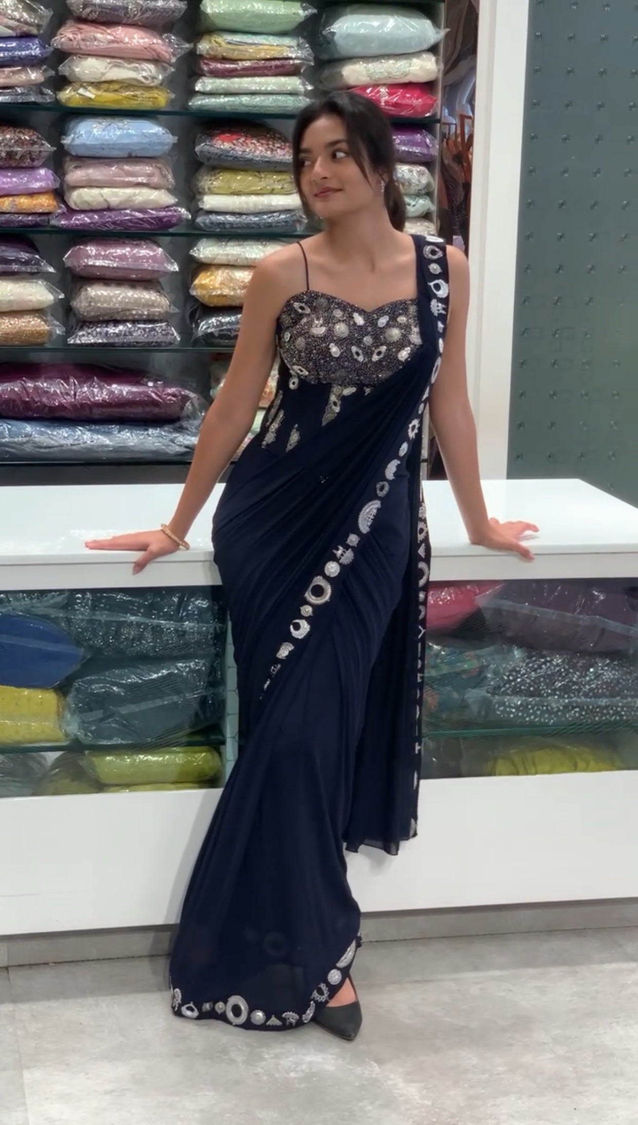Navy Blue Metal Detailing Raw Silk Corset Blouse & Drape Saree