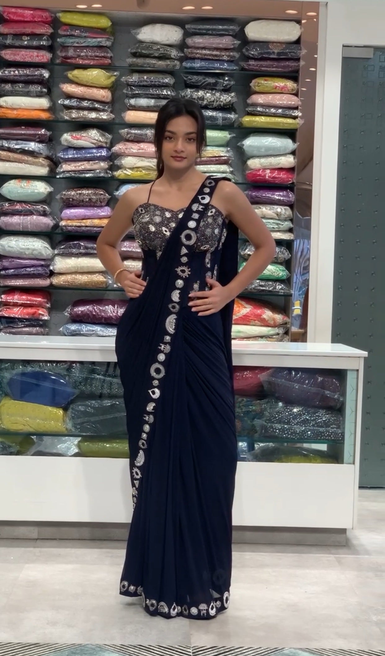 Navy Blue Metal Detailing Raw Silk Corset Blouse & Drape Saree