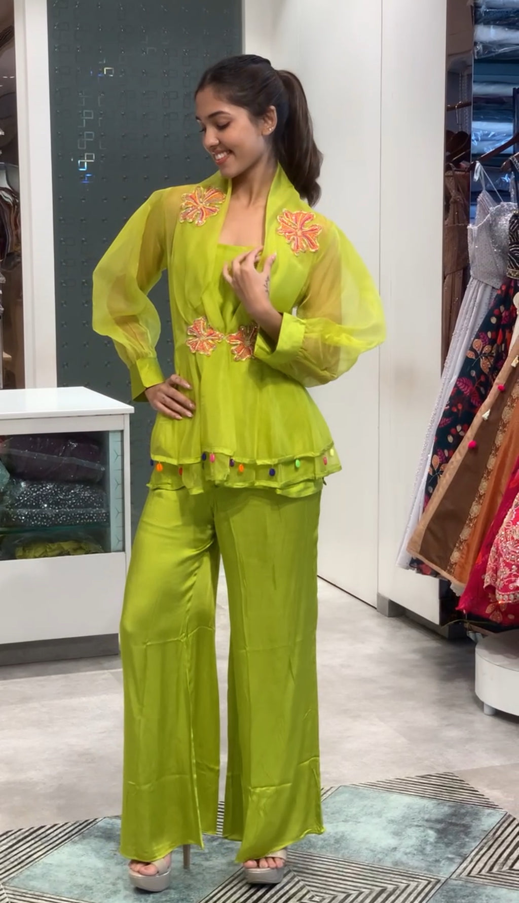 Neon Green Soft Organza Jacket, Satin Crop Top & Pant Co-ord Set
