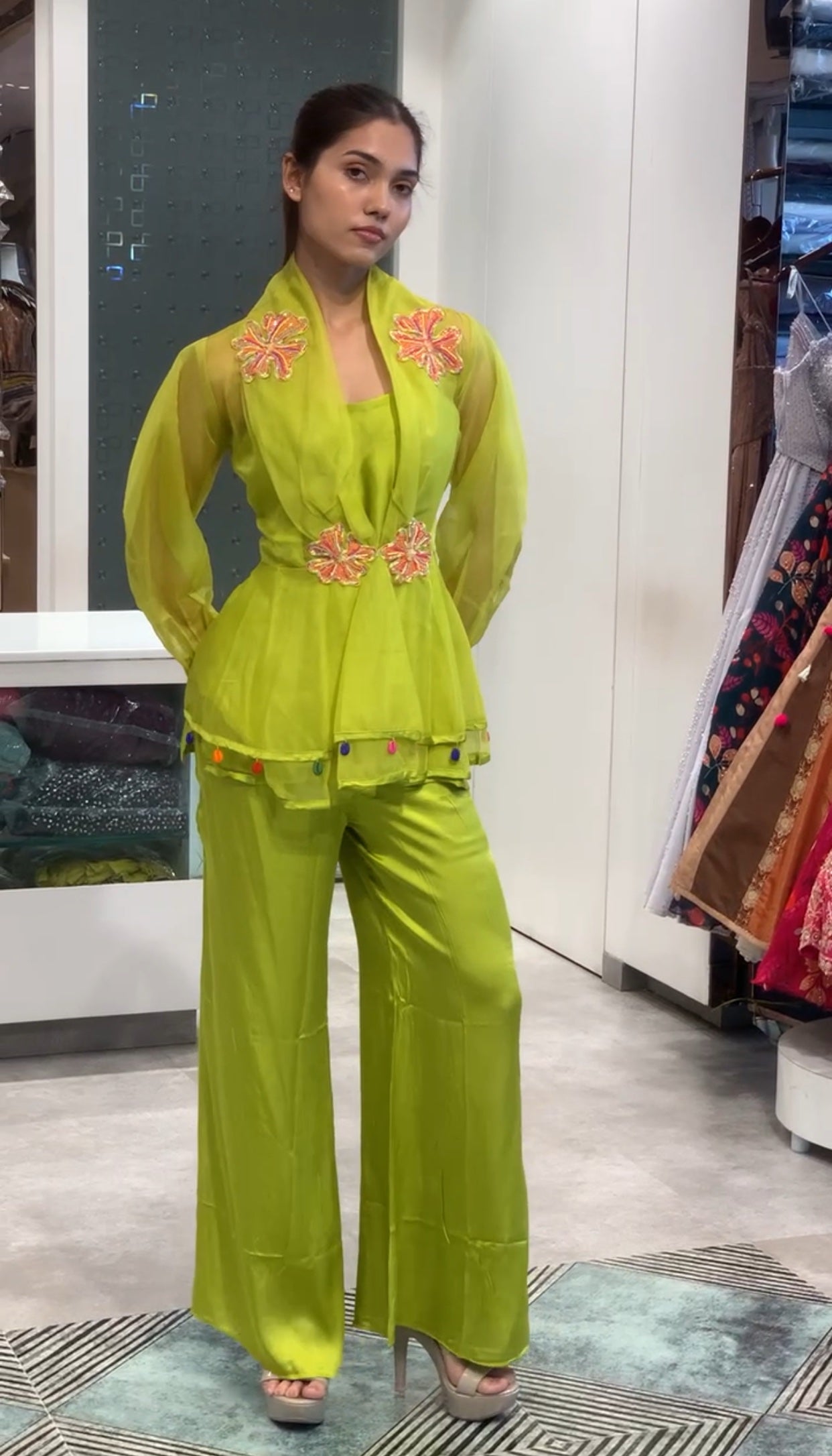 Neon Green Soft Organza Jacket, Satin Crop Top & Pant Co-ord Set