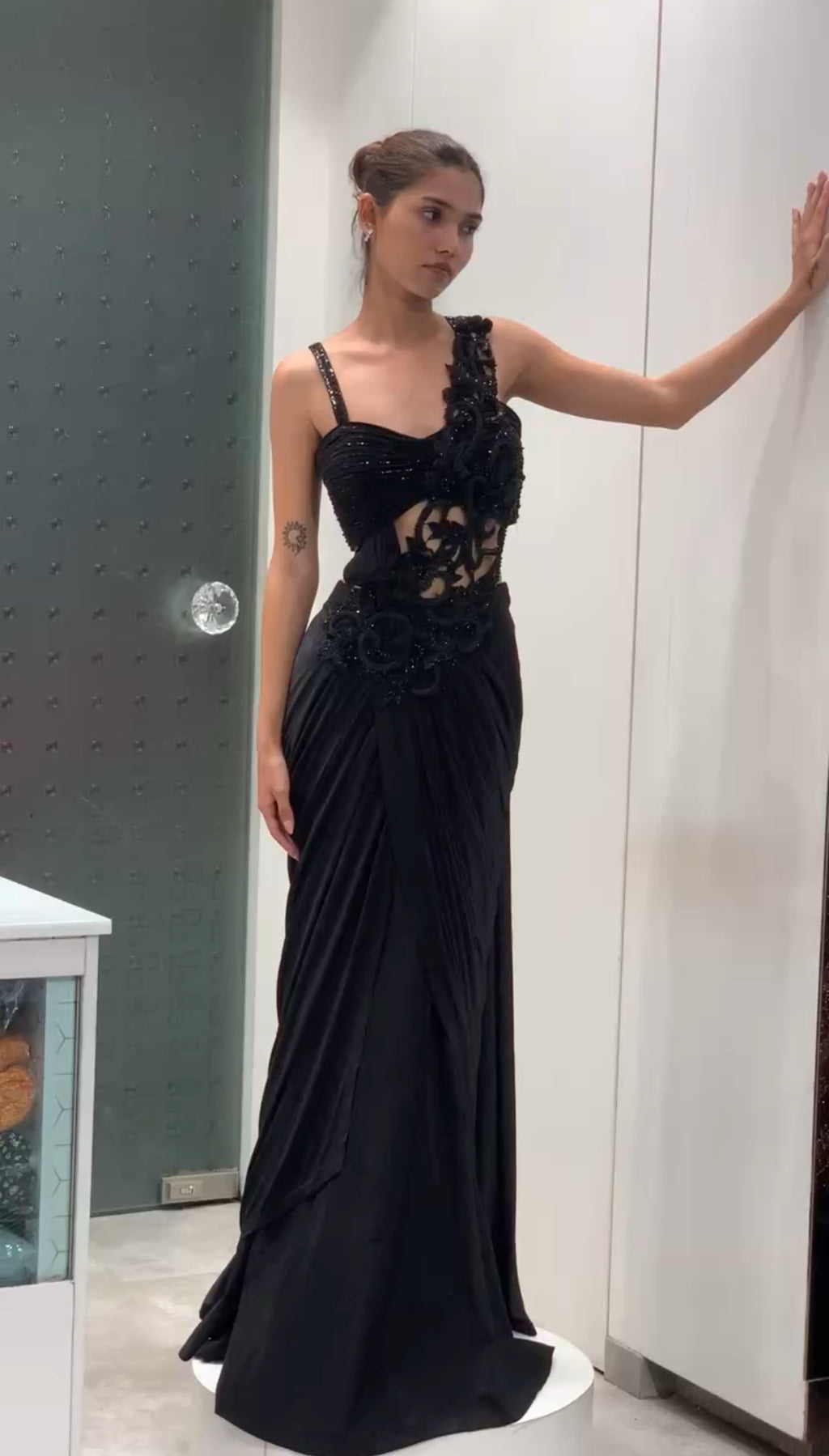 Black Drape Gown with Cut Work